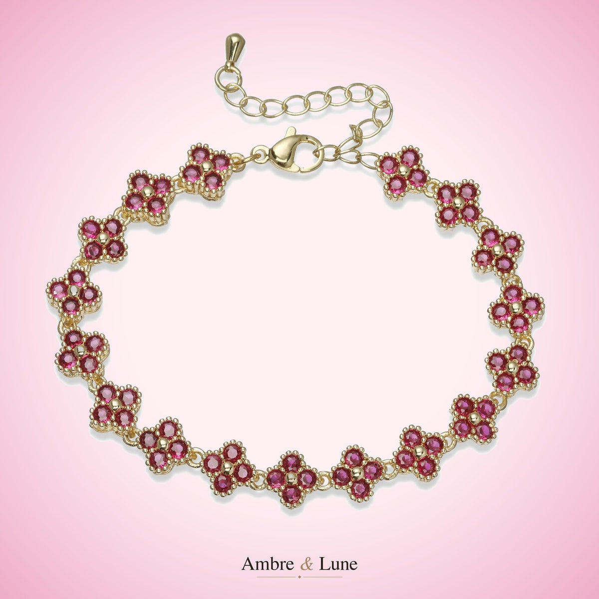 Bracelet Ambre & Lune, fleurs en strass rouge, bijou ajustable pour femme