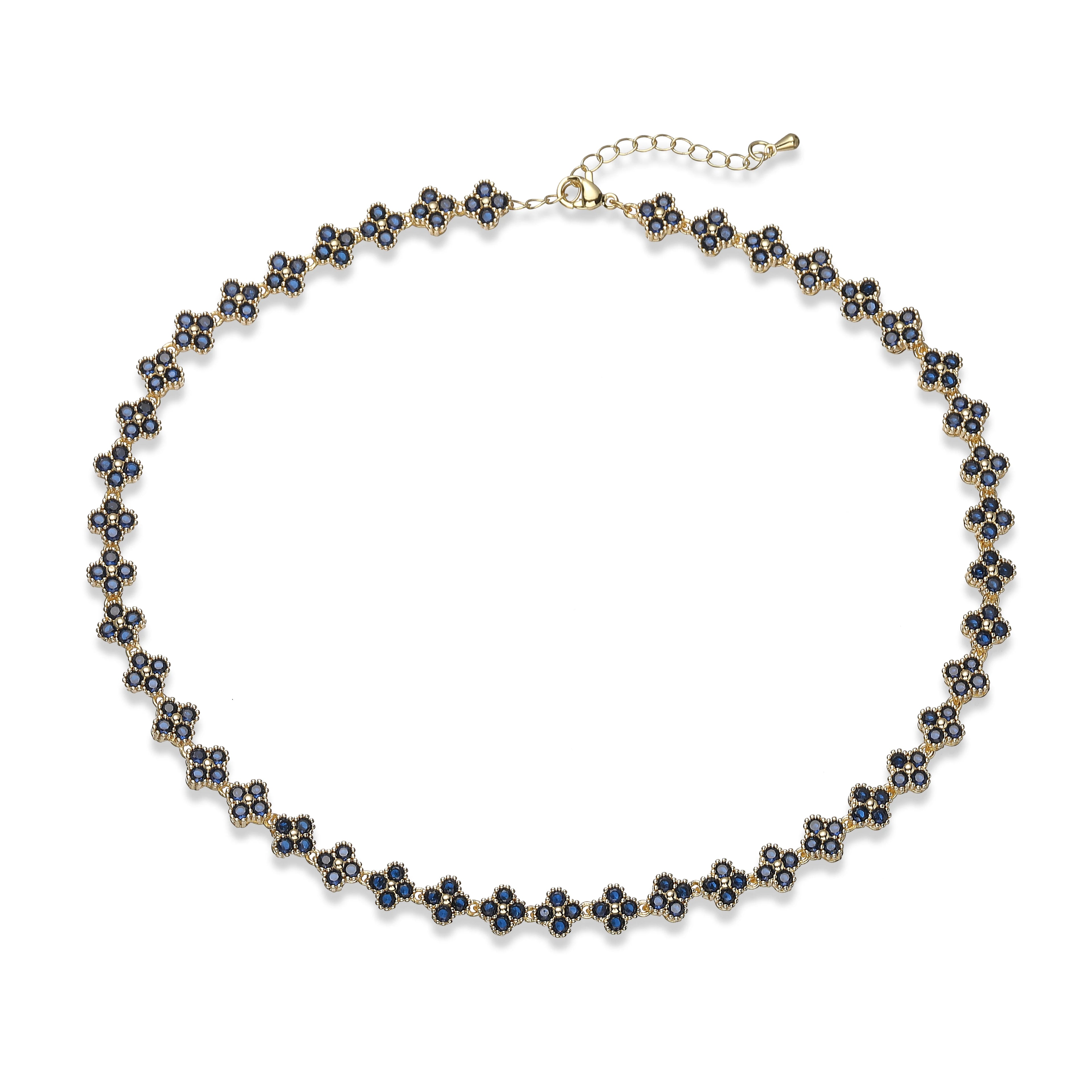 Collier fin Ambre & Lune, finition doré, perles fleurs en strass CZ bleu — bijou ajustable minimaliste pour femme