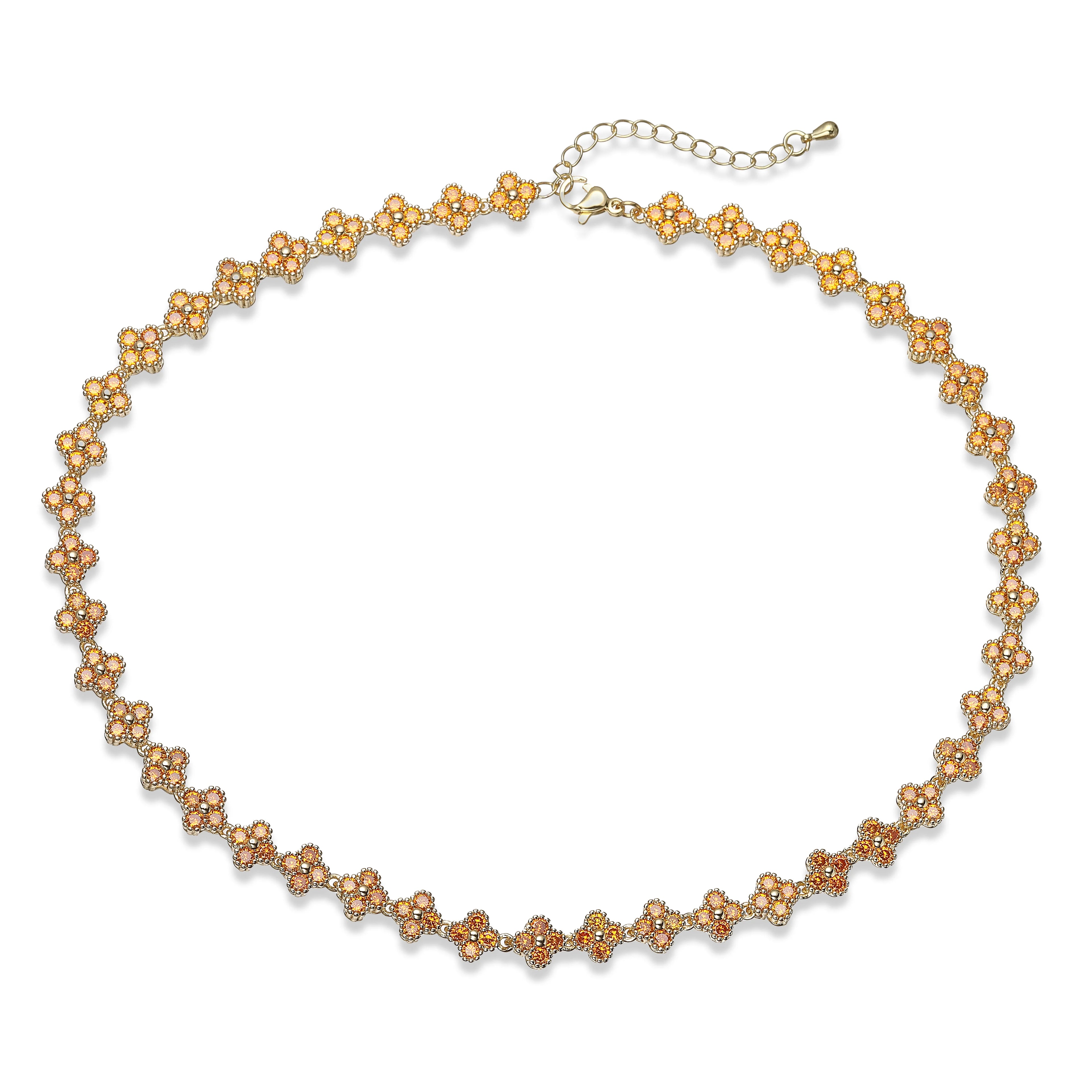 Collier fin Ambre & Lune, finition doré, perles fleurs en strass CZ orange — bijou ajustable minimaliste pour femme