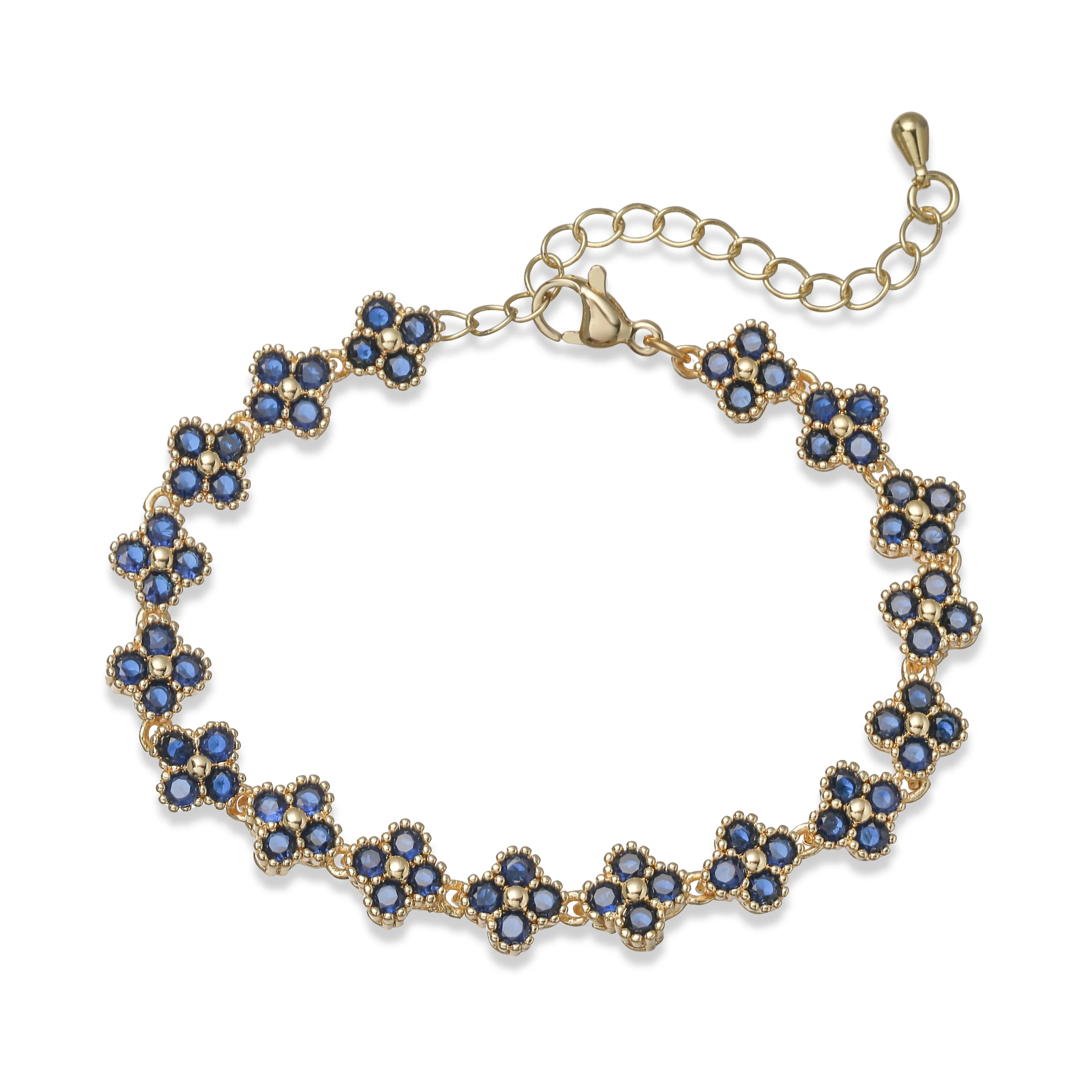 Bracelet fin Ambre & Lune, finition doré, fleurs en strass CZ bleu — bijou ajustable minimaliste pour femme