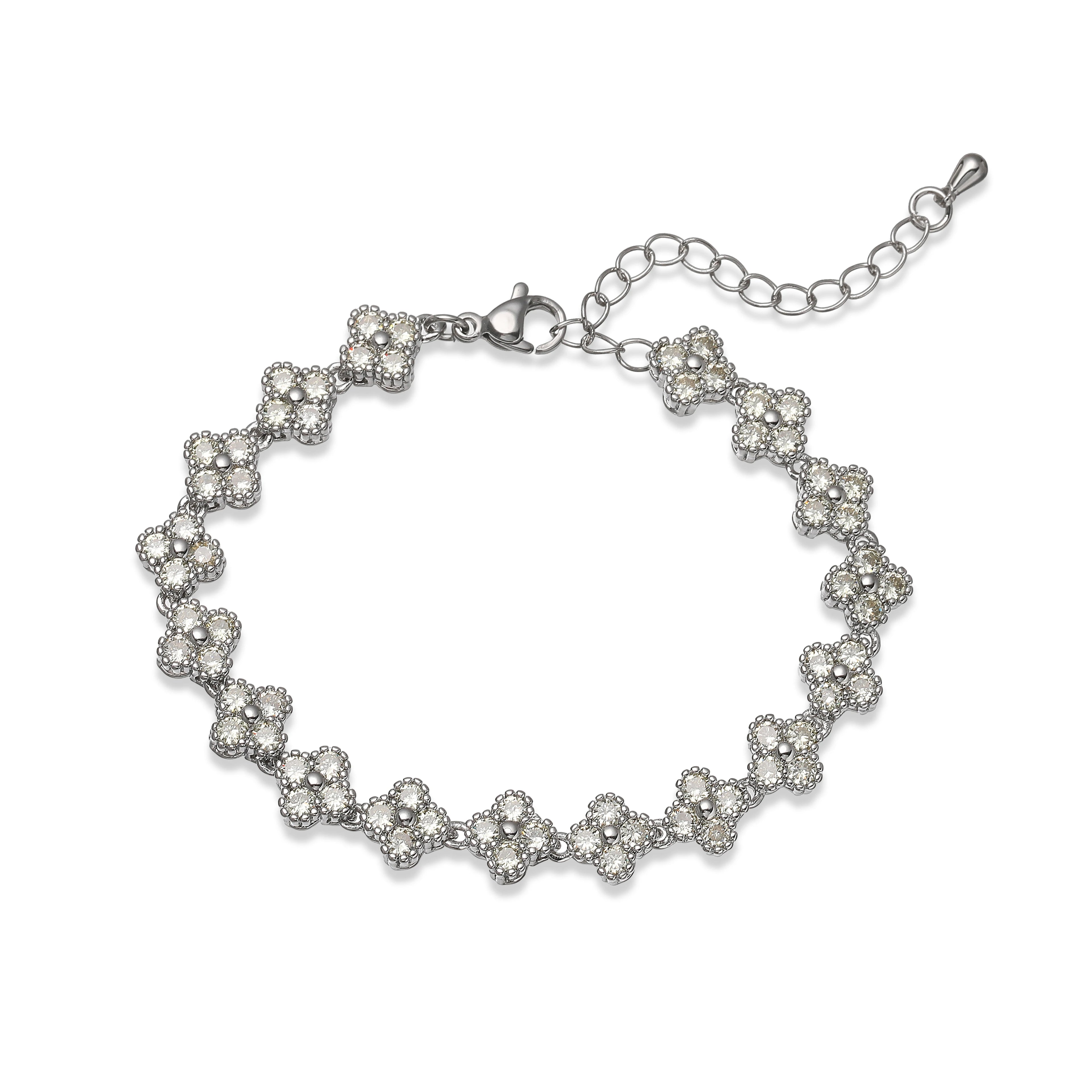 Bracelet fin Ambre & Lune, finition argenté, fleurs en strass CZ vert olive — bijou ajustable minimaliste pour femme