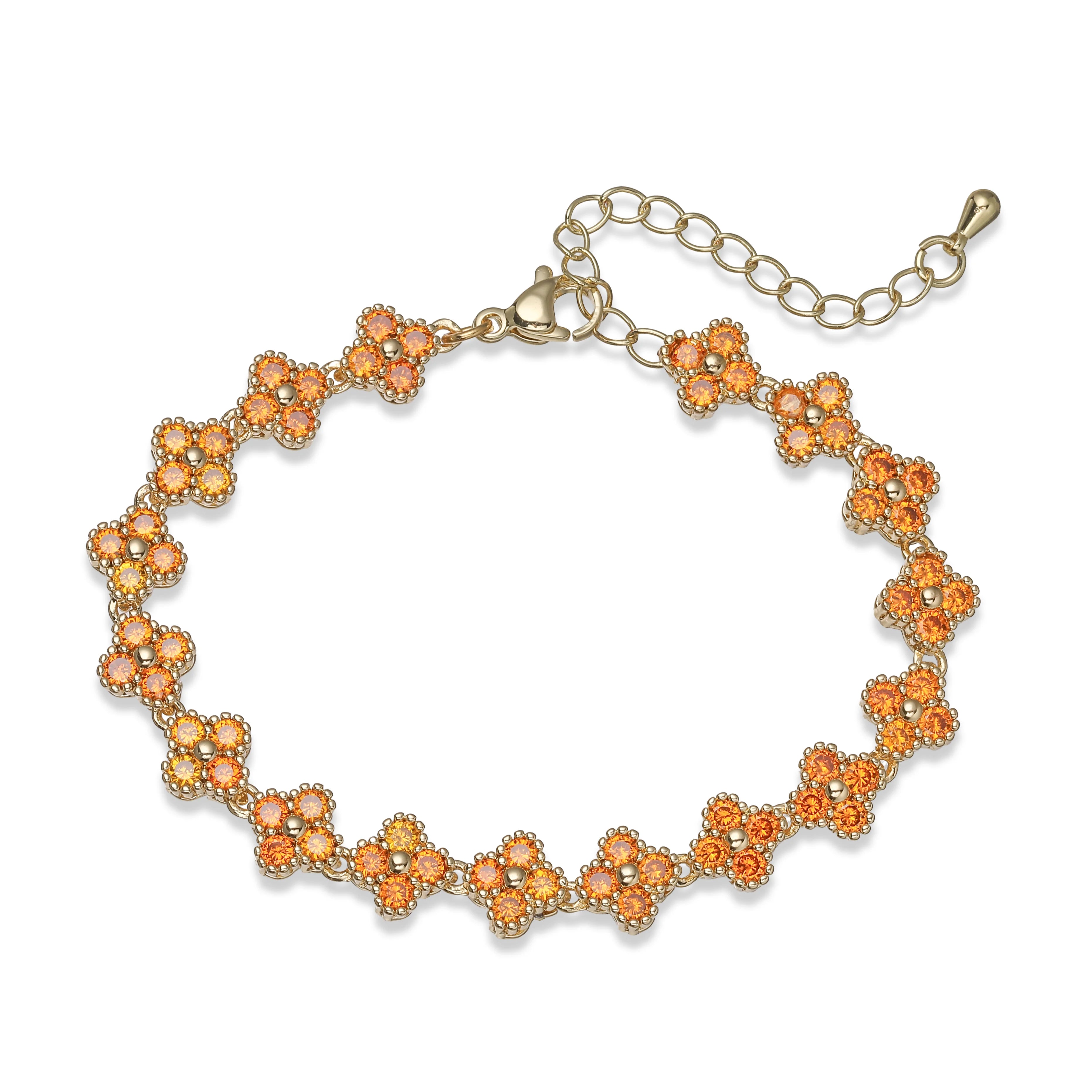 Bracelet fin Ambre & Lune, finition doré, fleurs en strass CZ orange — bijou ajustable minimaliste pour femme