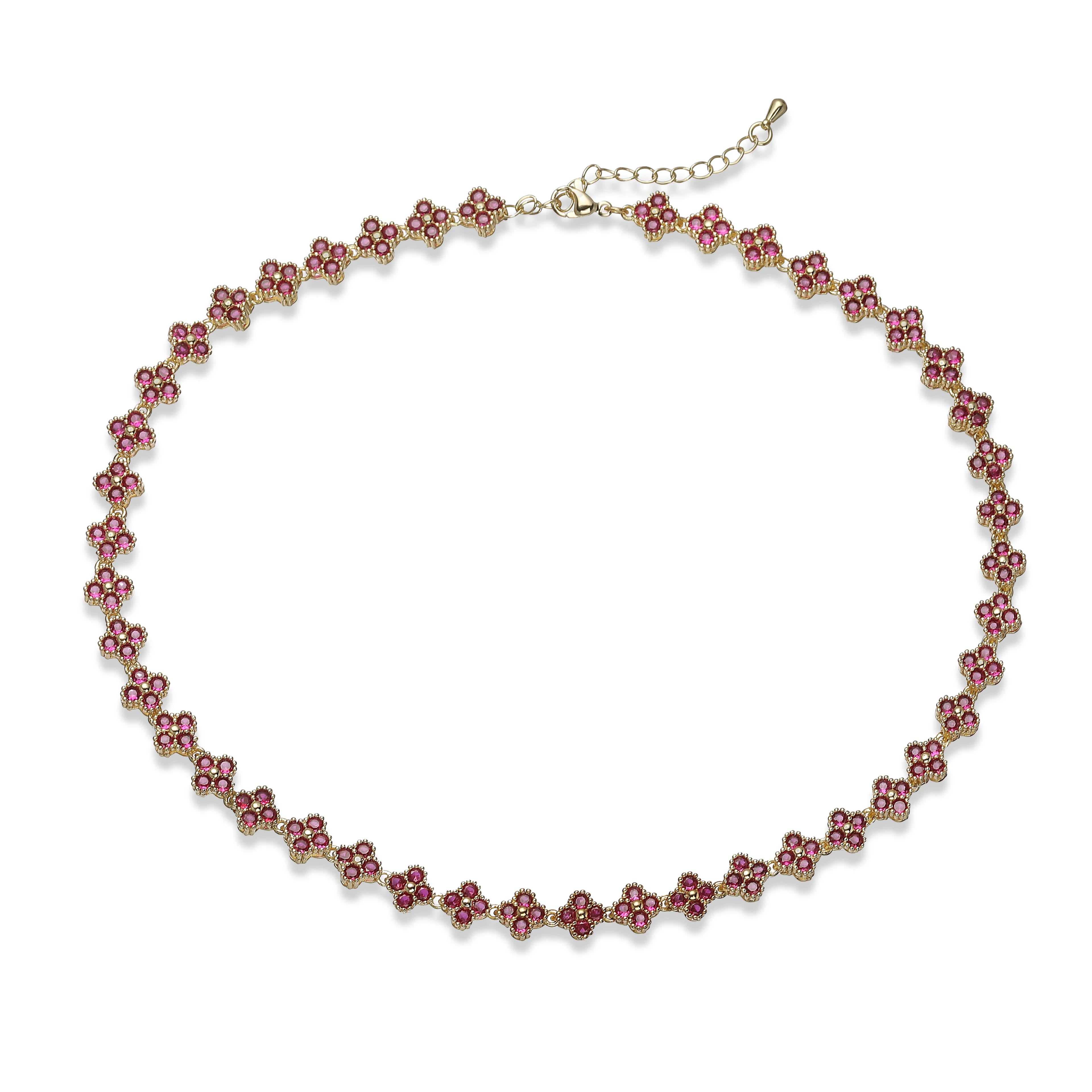 Collier fin Ambre & Lune, finition doré, perles fleurs en strass CZ rouge rosé — bijou ajustable minimaliste pour femme