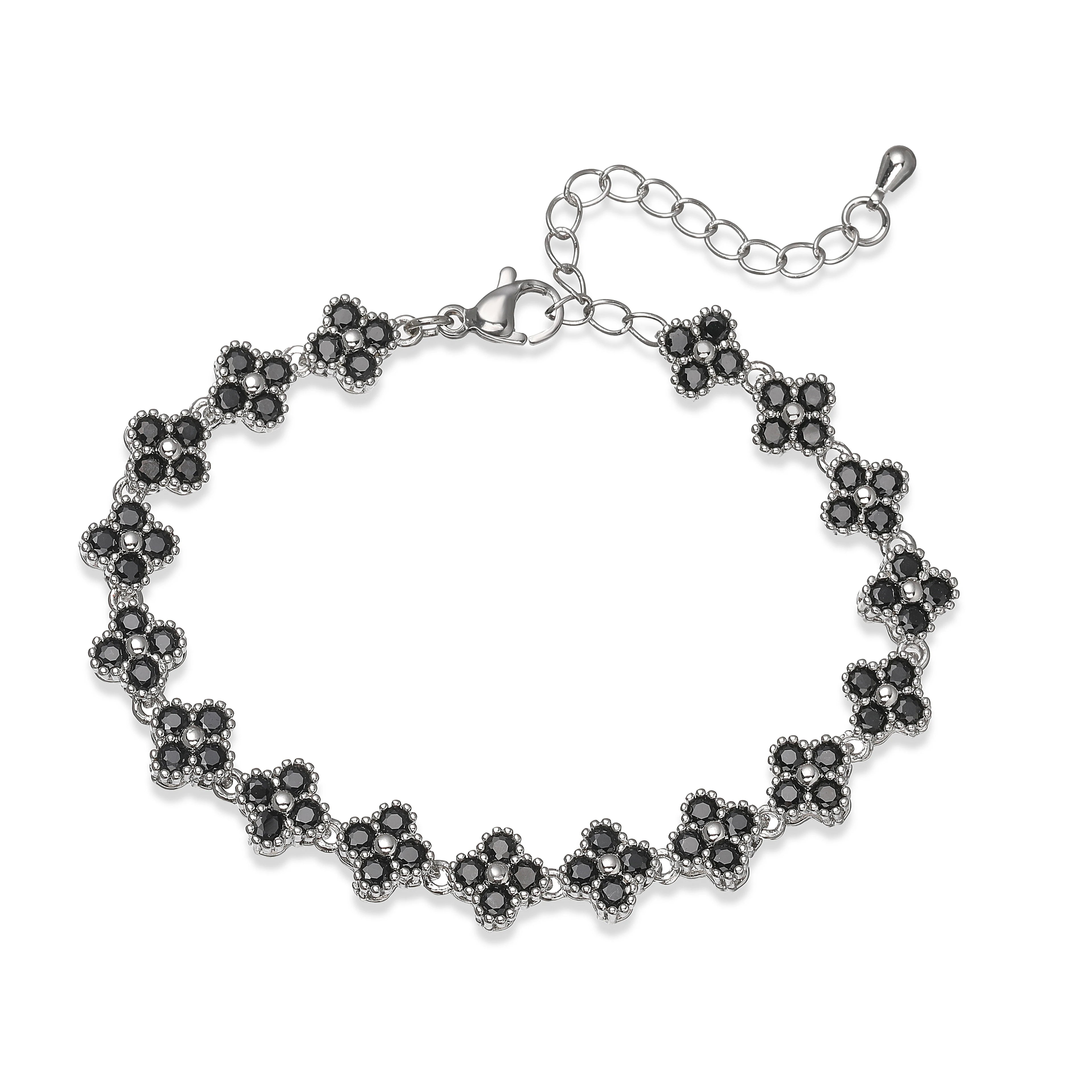 Bracelet fin Ambre & Lune, finition argenté, fleurs en strass CZ noir — bijou ajustable minimaliste pour femme