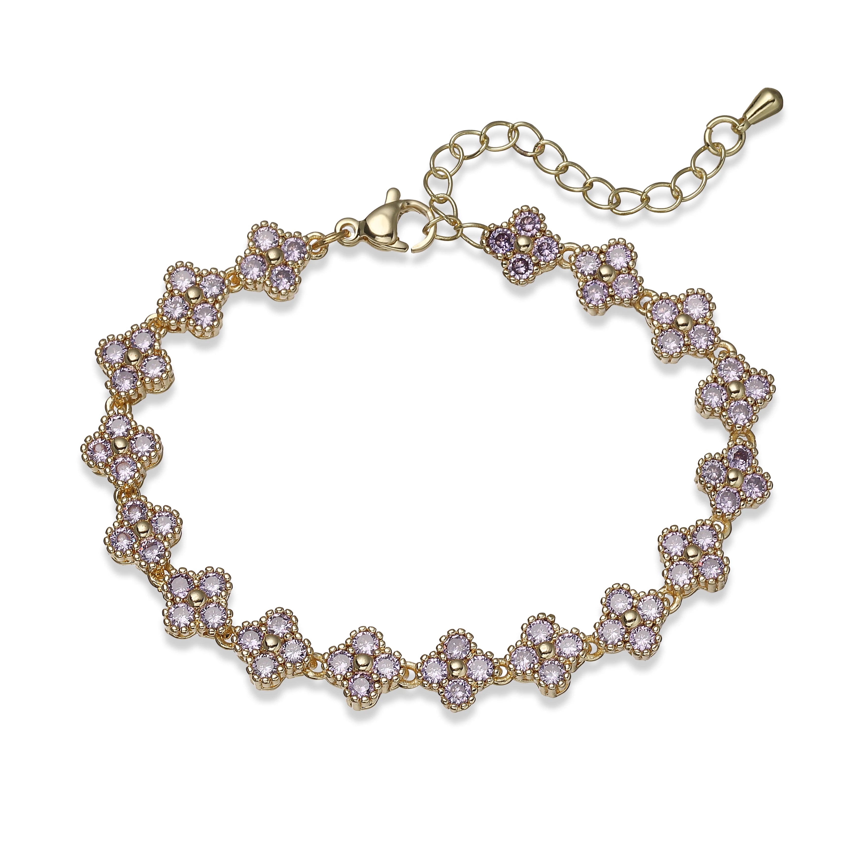 Bracelet fin Ambre & Lune, finition doré, fleurs en strass CZ violet — bijou ajustable minimaliste pour femme