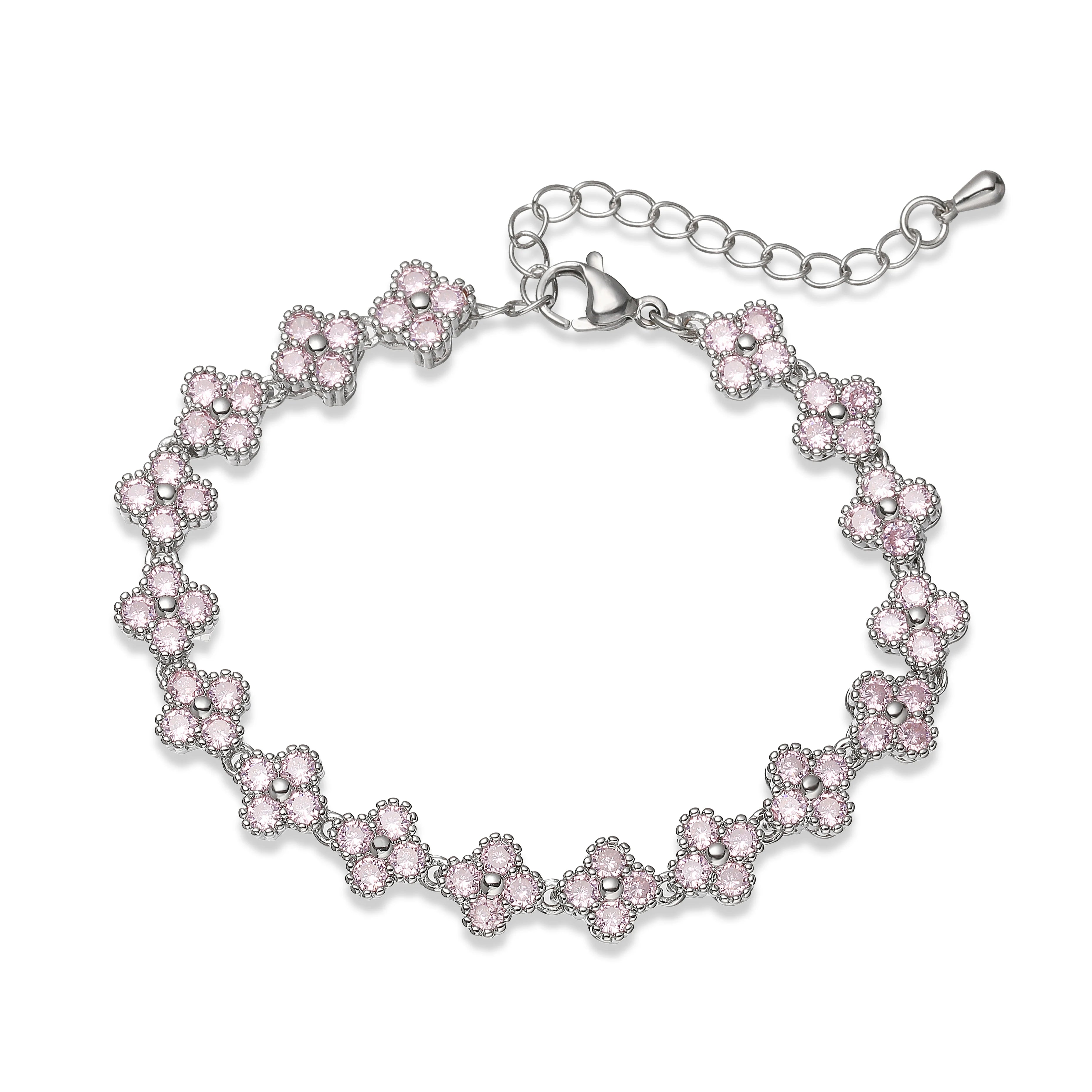 Bracelet fin Ambre & Lune, finition argenté, fleurs en strass CZ rose — bijou ajustable minimaliste pour femme