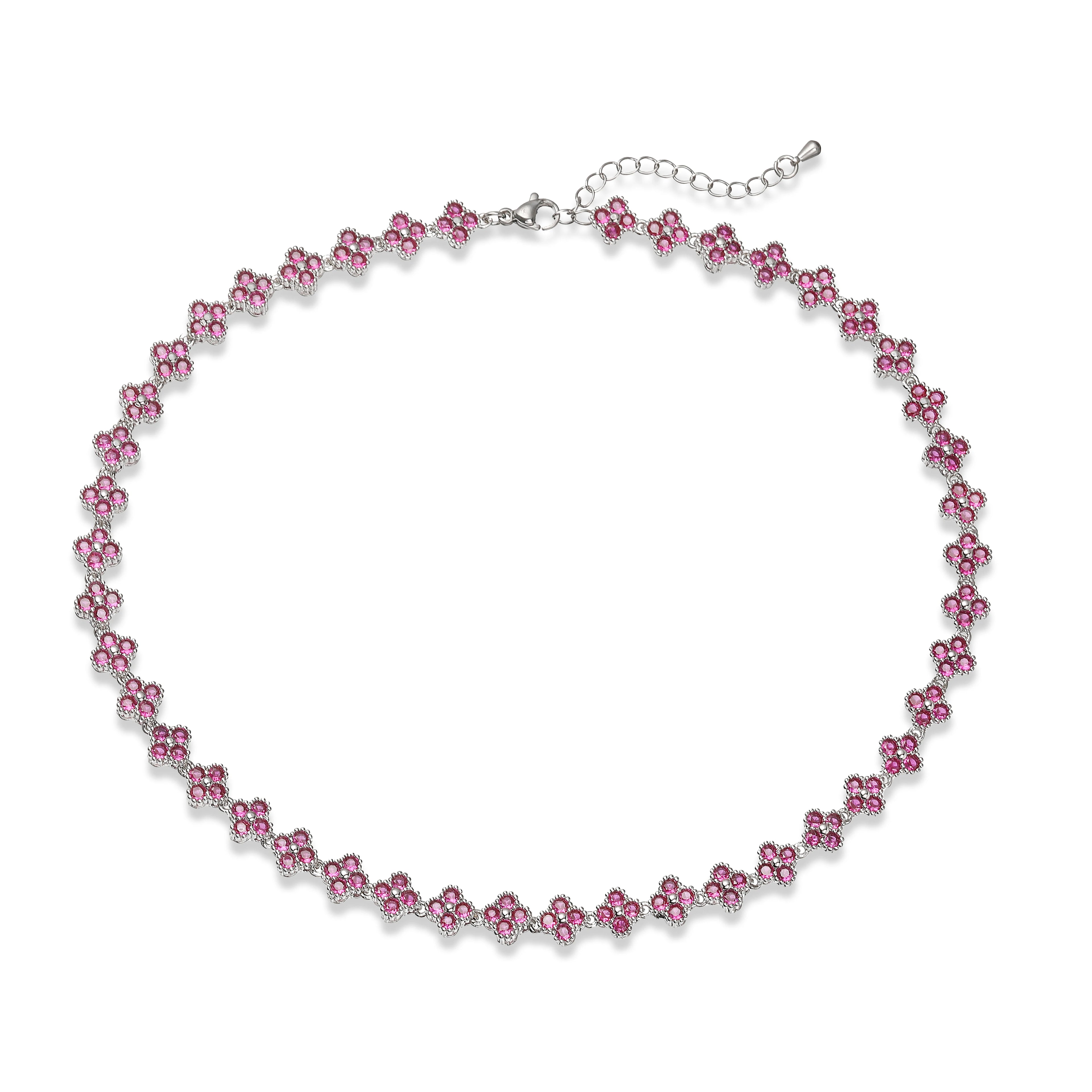 Collier fin Ambre & Lune, finition argenté, perles fleurs en strass CZ rouge rosé — bijou ajustable minimaliste pour femme
