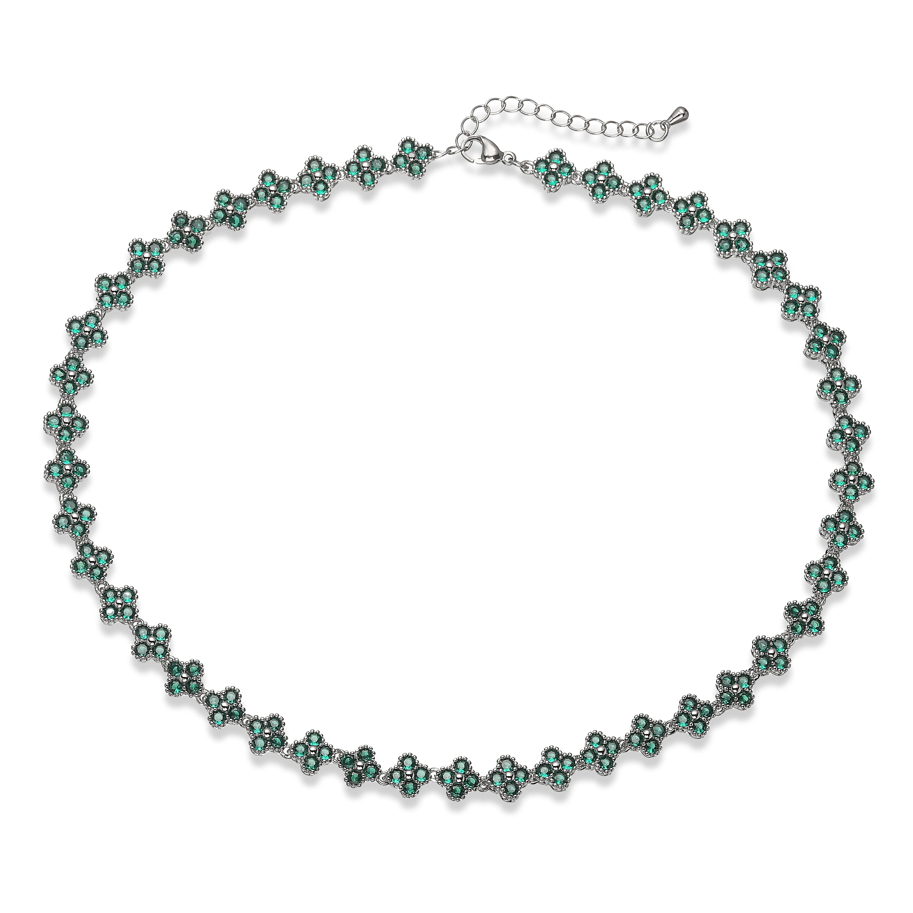 Collier fin Ambre & Lune, finition argenté, perles fleurs en strass CZ vert — bijou ajustable minimaliste pour femme
