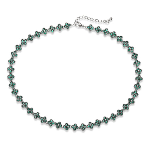 Collier fin Ambre & Lune, finition argenté, perles fleurs en strass CZ vert — bijou ajustable minimaliste pour femme