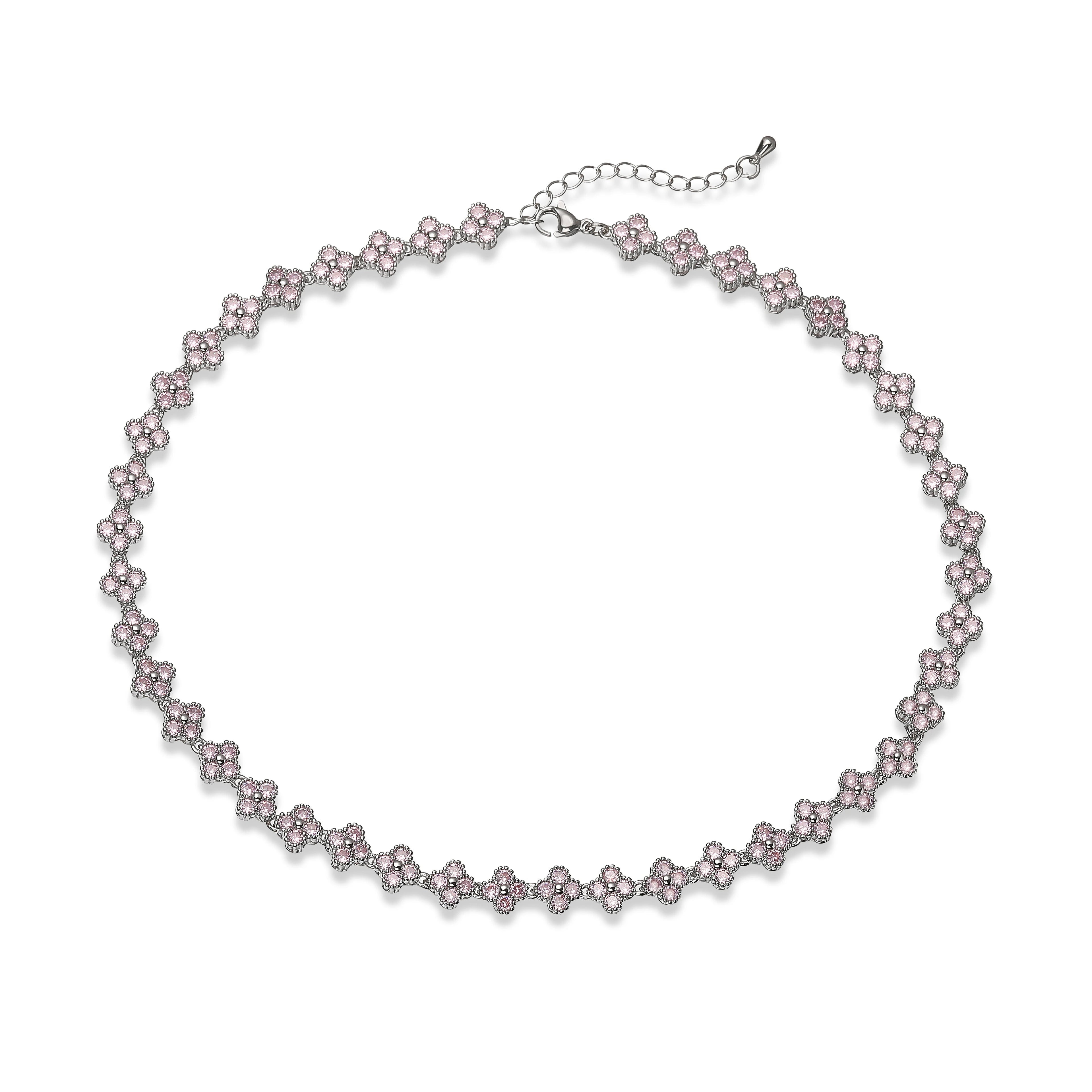 Collier fin Ambre & Lune, finition argenté, perles fleurs en strass CZ rose — bijou ajustable minimaliste pour femme