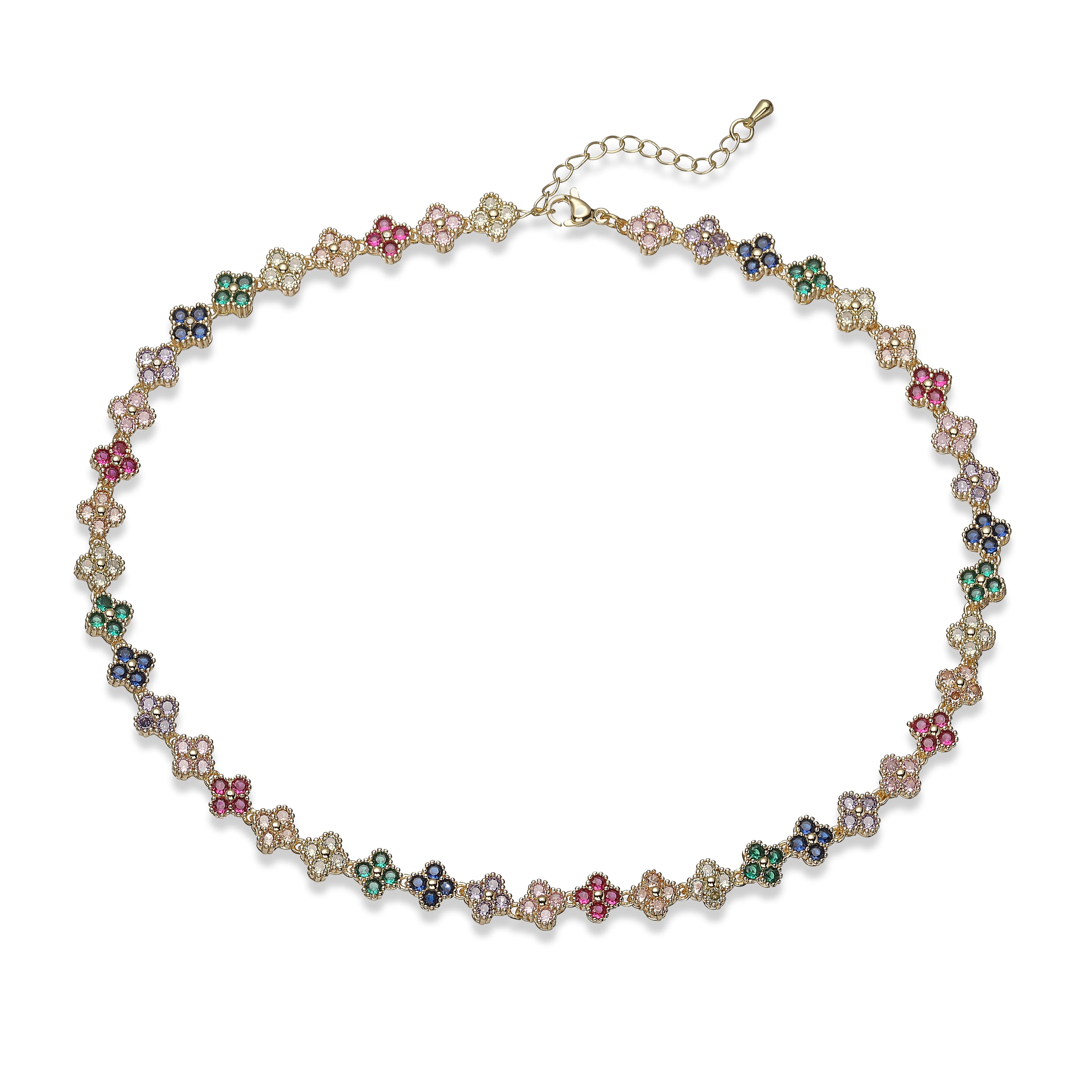 Collier fin Ambre & Lune, finition doré, perles fleurs en strass CZ mixte — bijou ajustable minimaliste pour femme