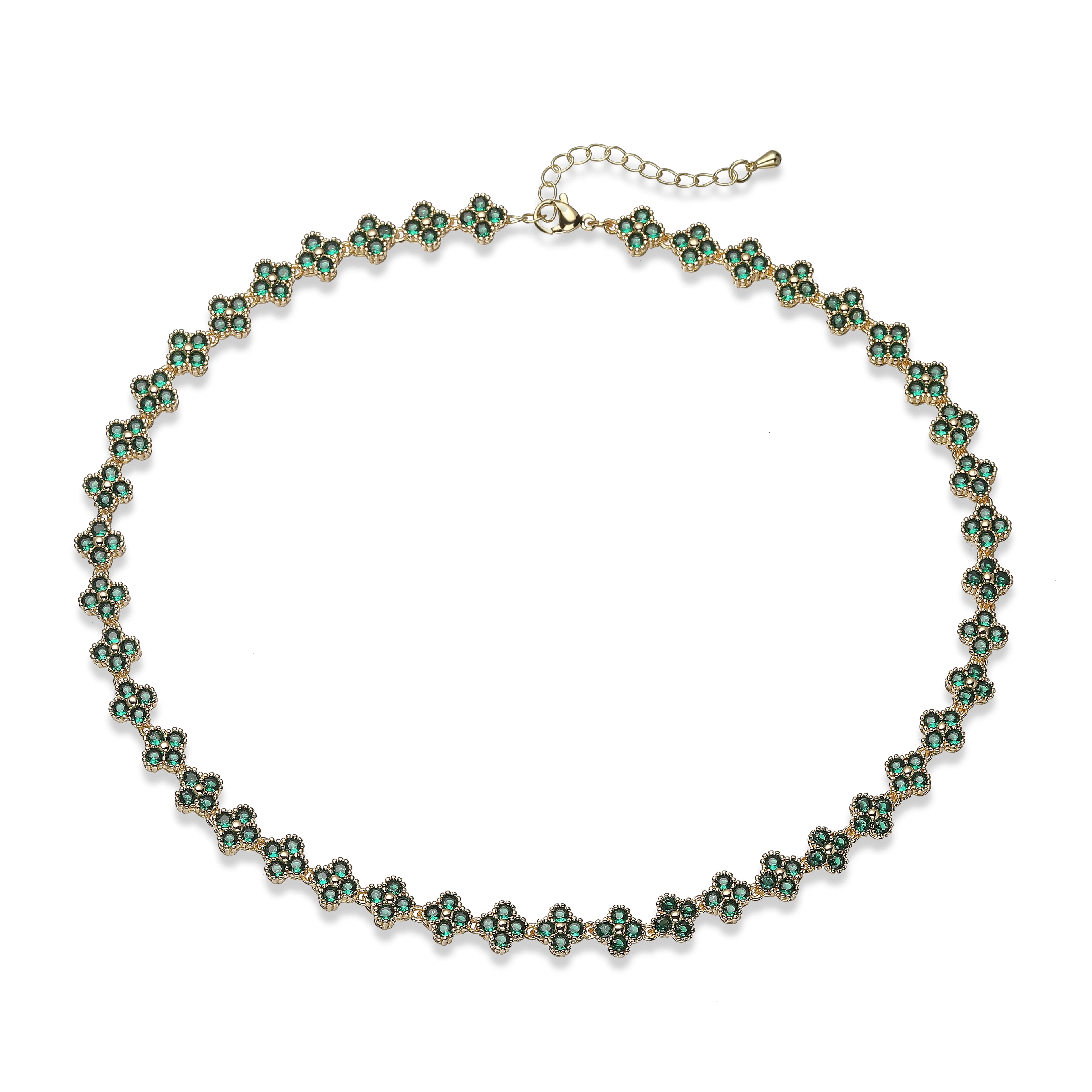 Collier fin Ambre & Lune, finition doré, perles fleurs en strass CZ vert — bijou ajustable minimaliste pour femme