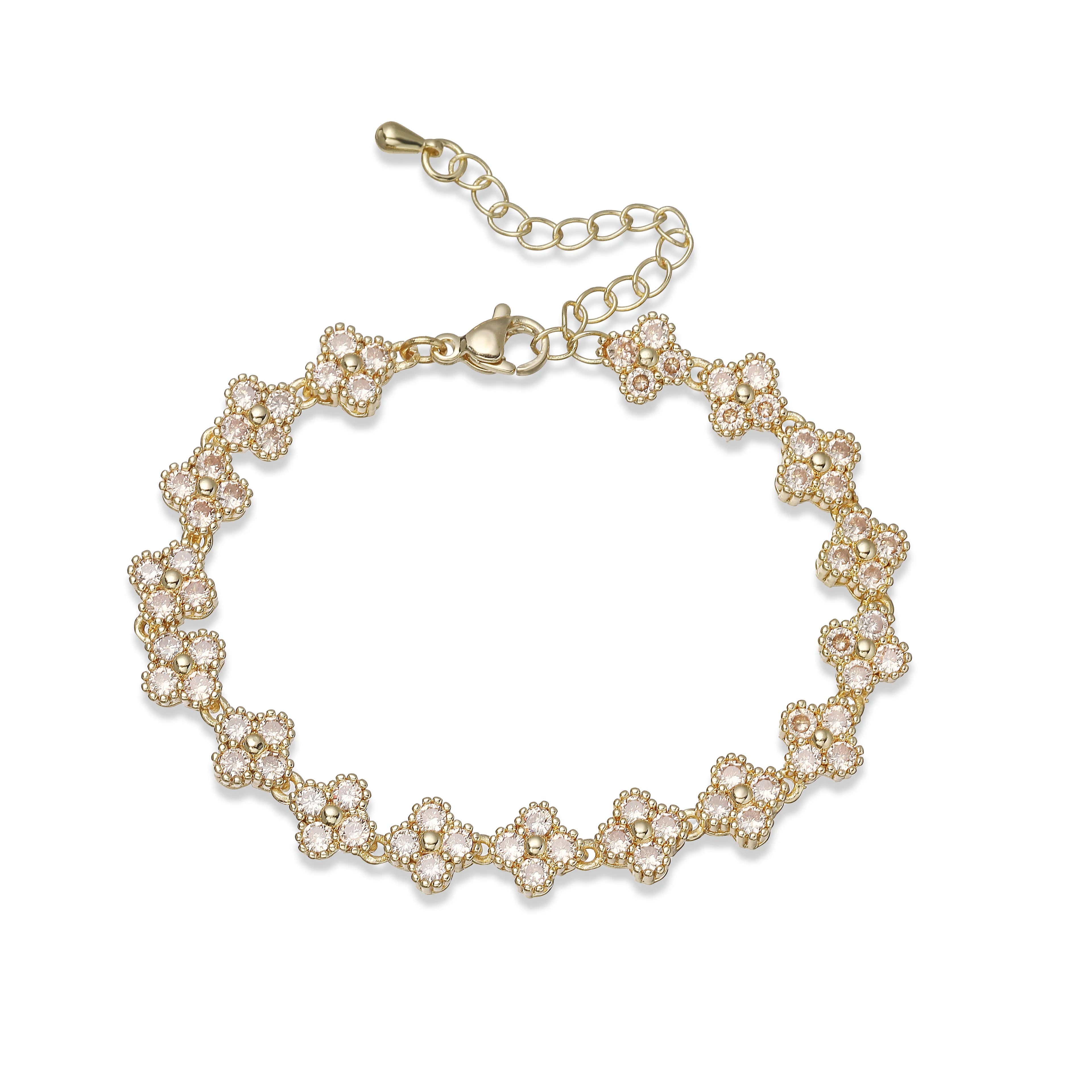 Bracelet fin Ambre & Lune, finition doré, fleurs en strass CZ champagne — bijou ajustable minimaliste pour femme