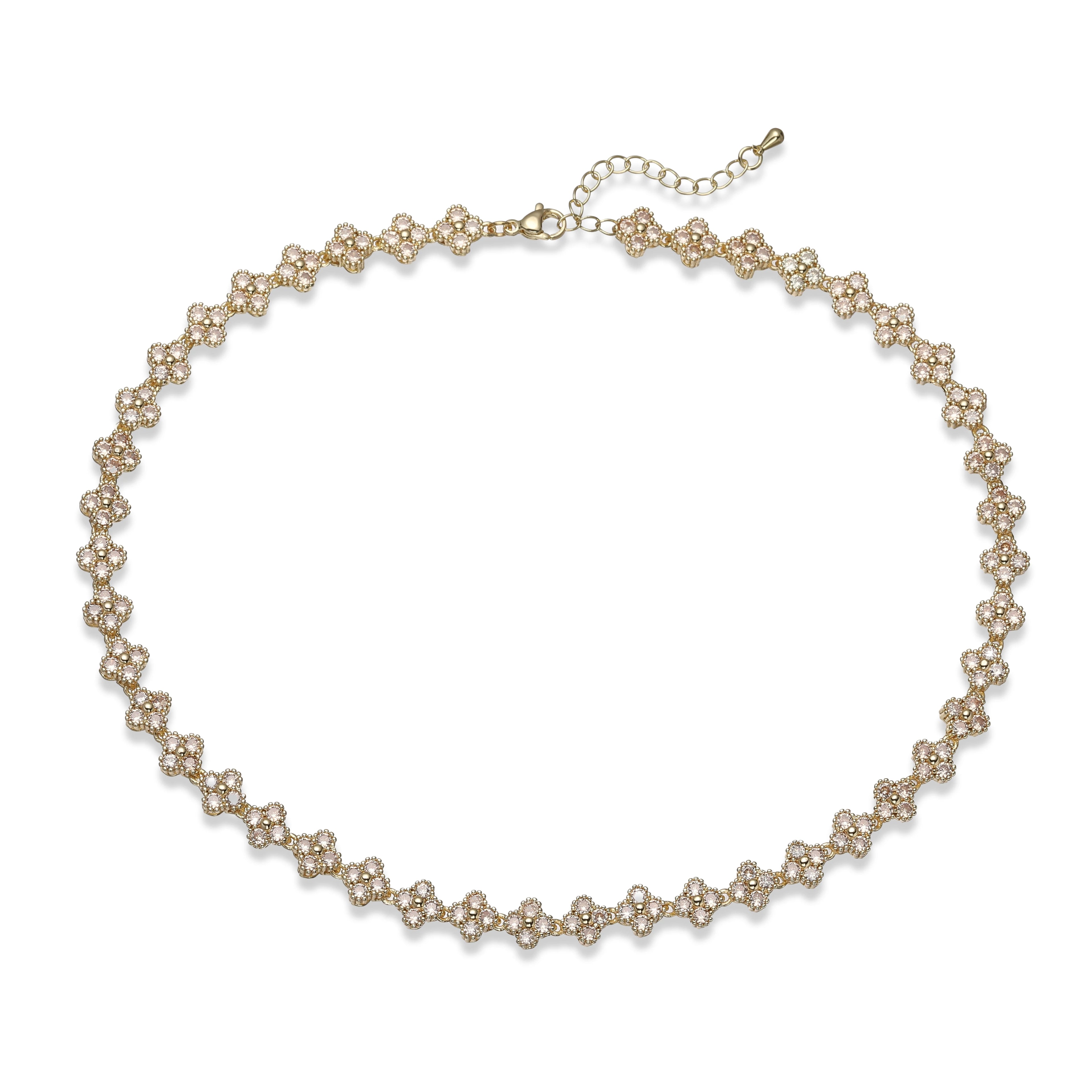Collier fin Ambre & Lune, finition doré, perles fleurs en strass CZ champagne — bijou ajustable minimaliste pour femme