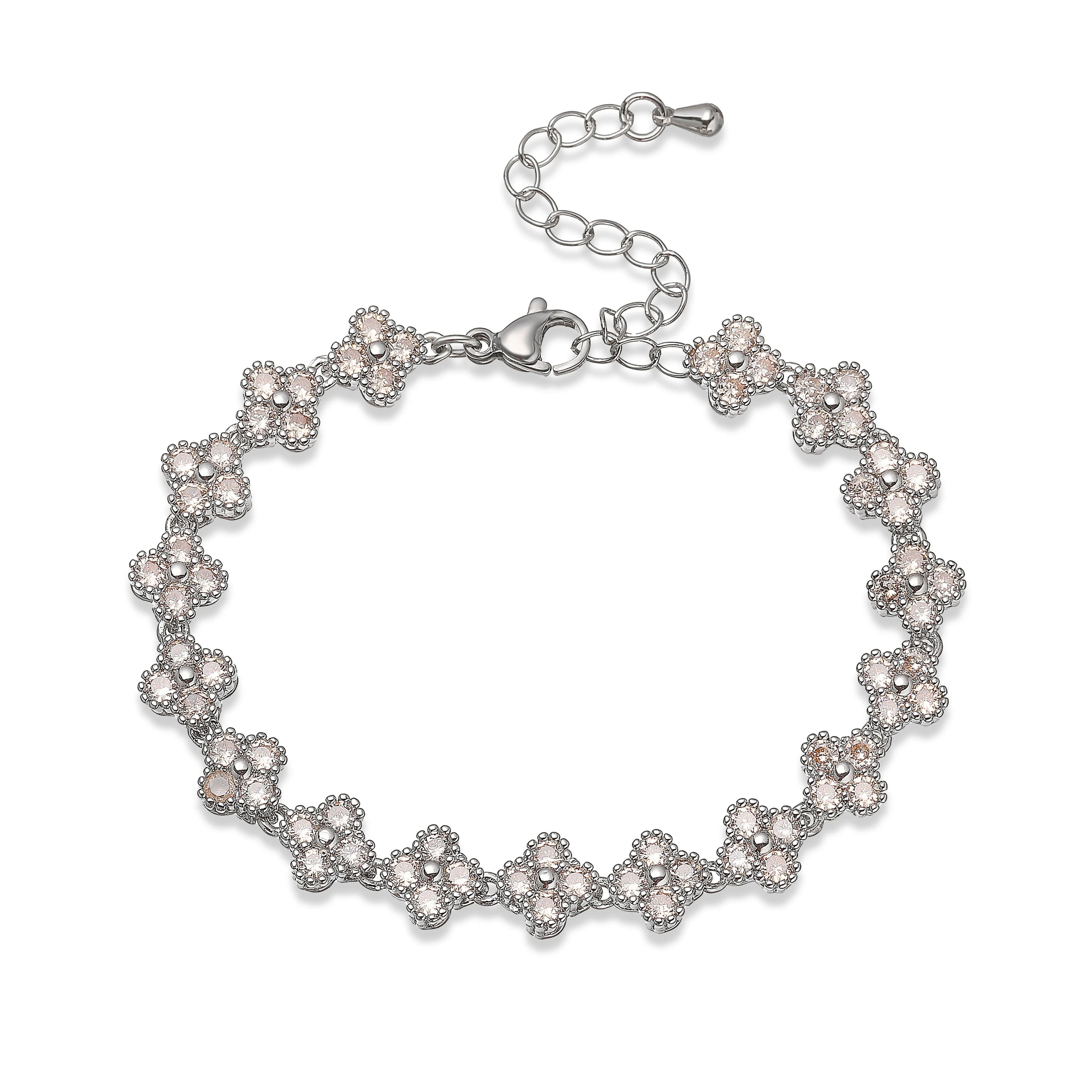 Bracelet fin Ambre & Lune, finition argenté, fleurs en strass CZ champagne — bijou ajustable minimaliste pour femme