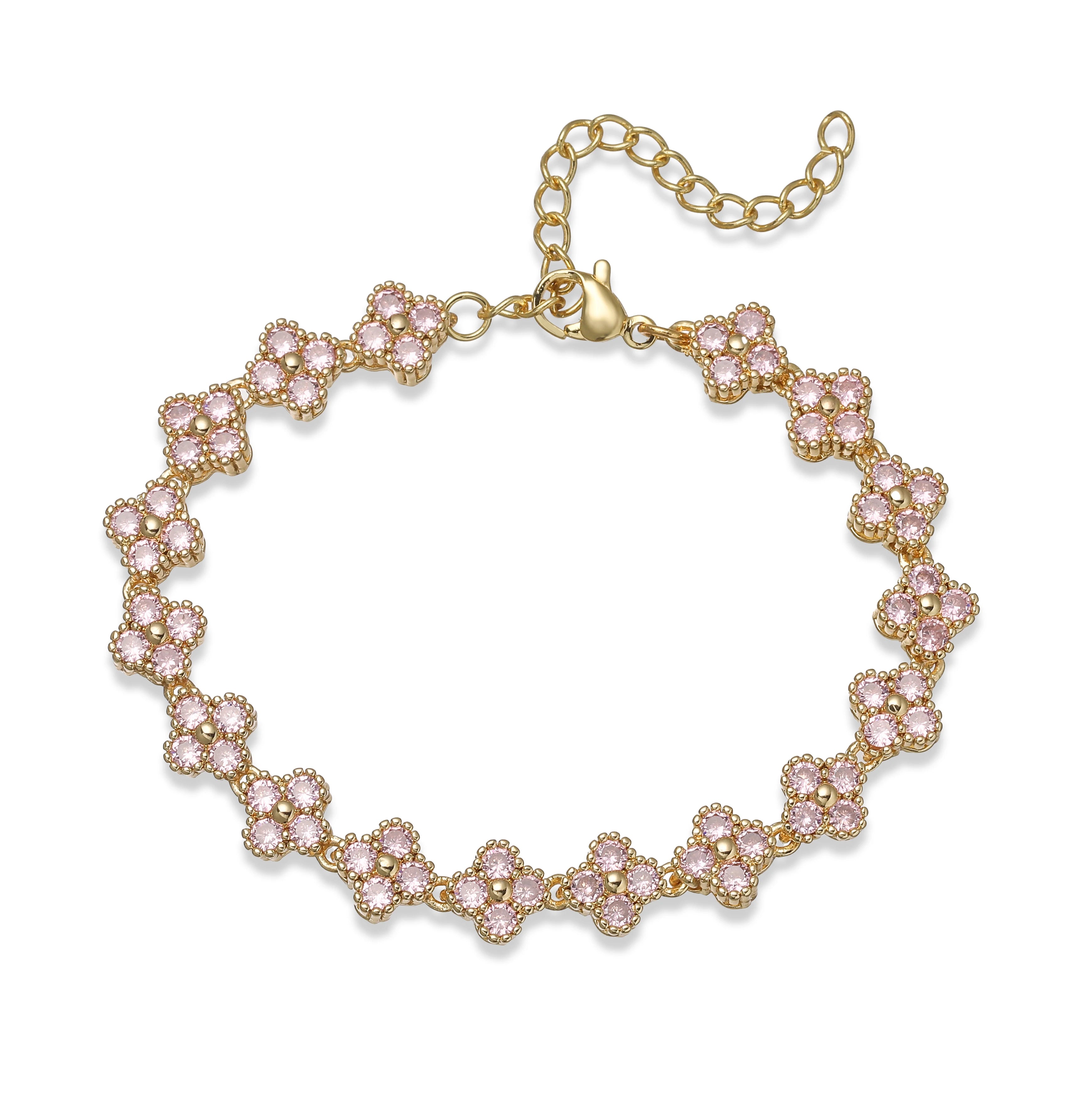 Bracelet fin Ambre & Lune, finition doré, fleurs en strass CZ rose — bijou ajustable minimaliste pour femme