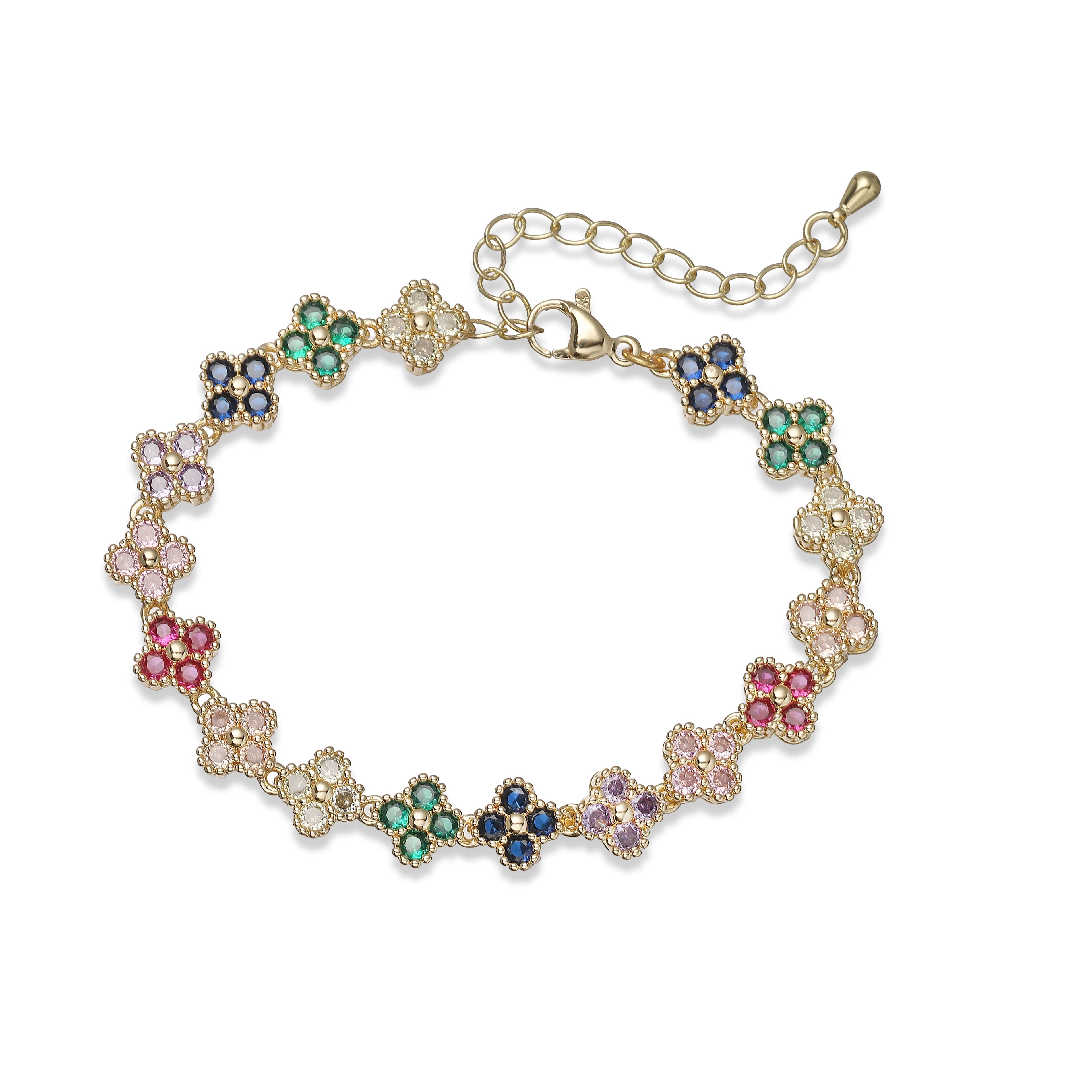 Bracelet fin Ambre & Lune, finition doré, fleurs en strass CZ mixte — bijou ajustable minimaliste pour femme
