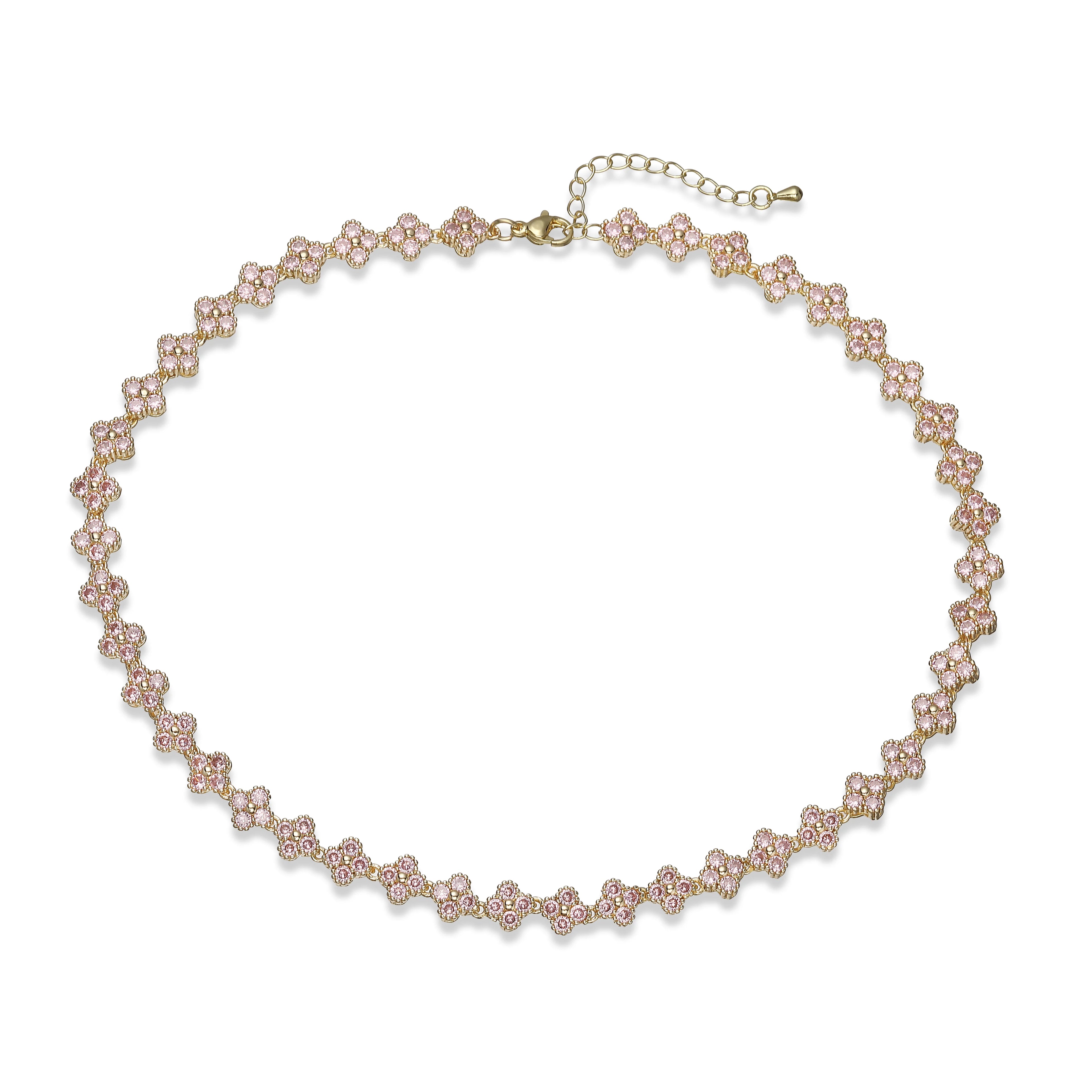 Collier fin Ambre & Lune, finition doré, perles fleurs en strass CZ rose — bijou ajustable minimaliste pour femme