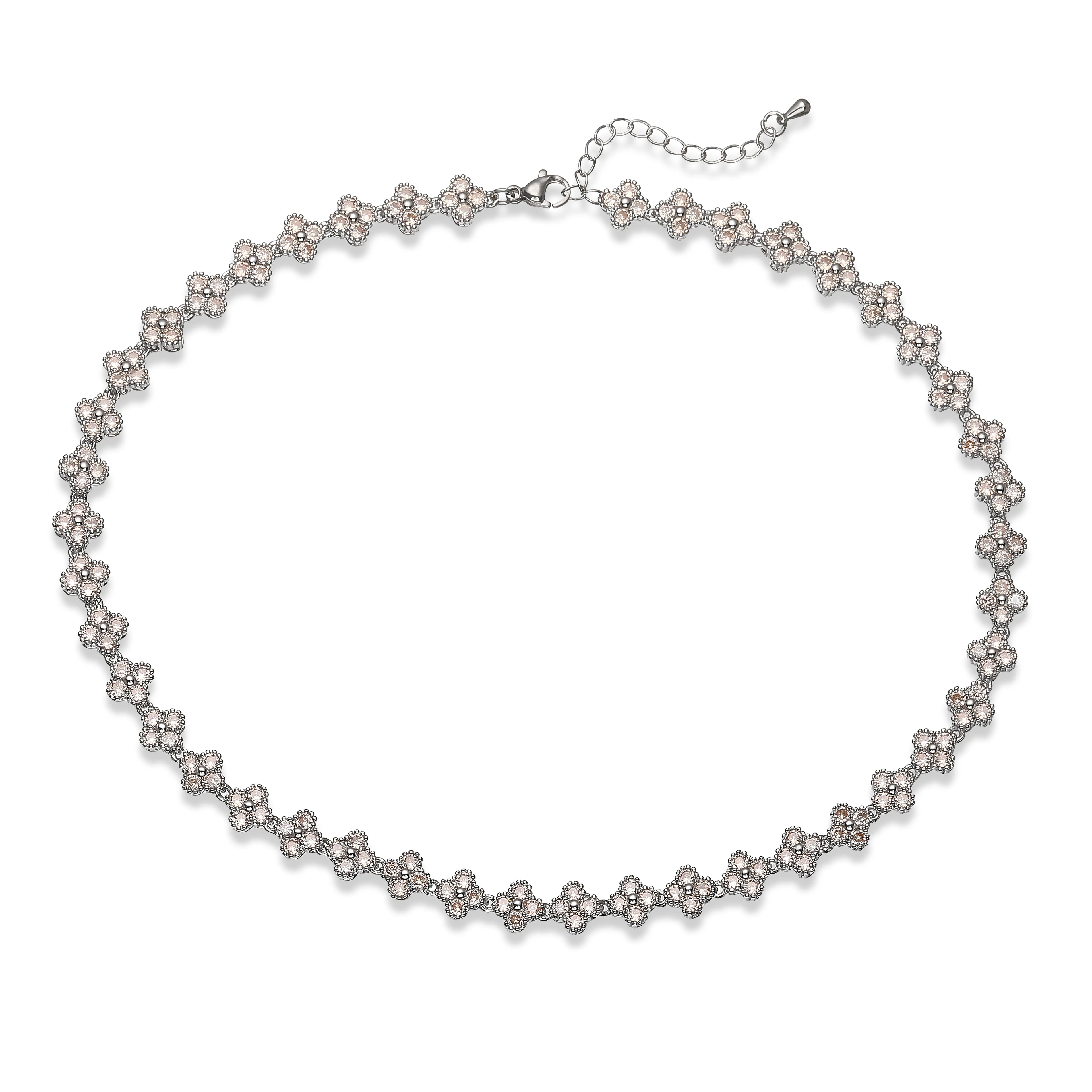 Collier fin Ambre & Lune en laiton, perles fleurs serties de strass CZ colorés, finition argentée, longueur ajustable