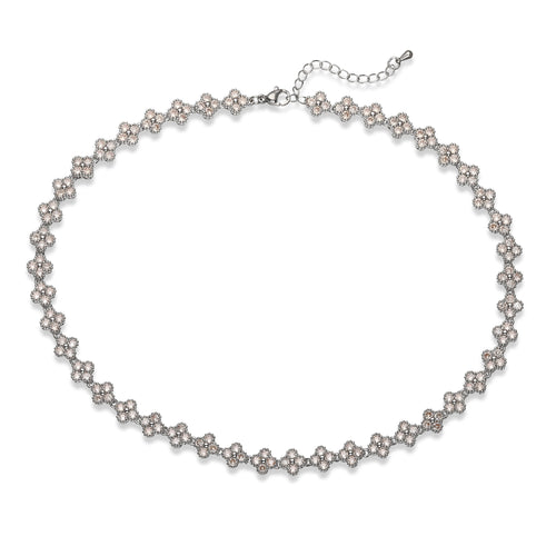 Collier fin Ambre & Lune en laiton, perles fleurs serties de strass CZ colorés, finition argentée, longueur ajustable