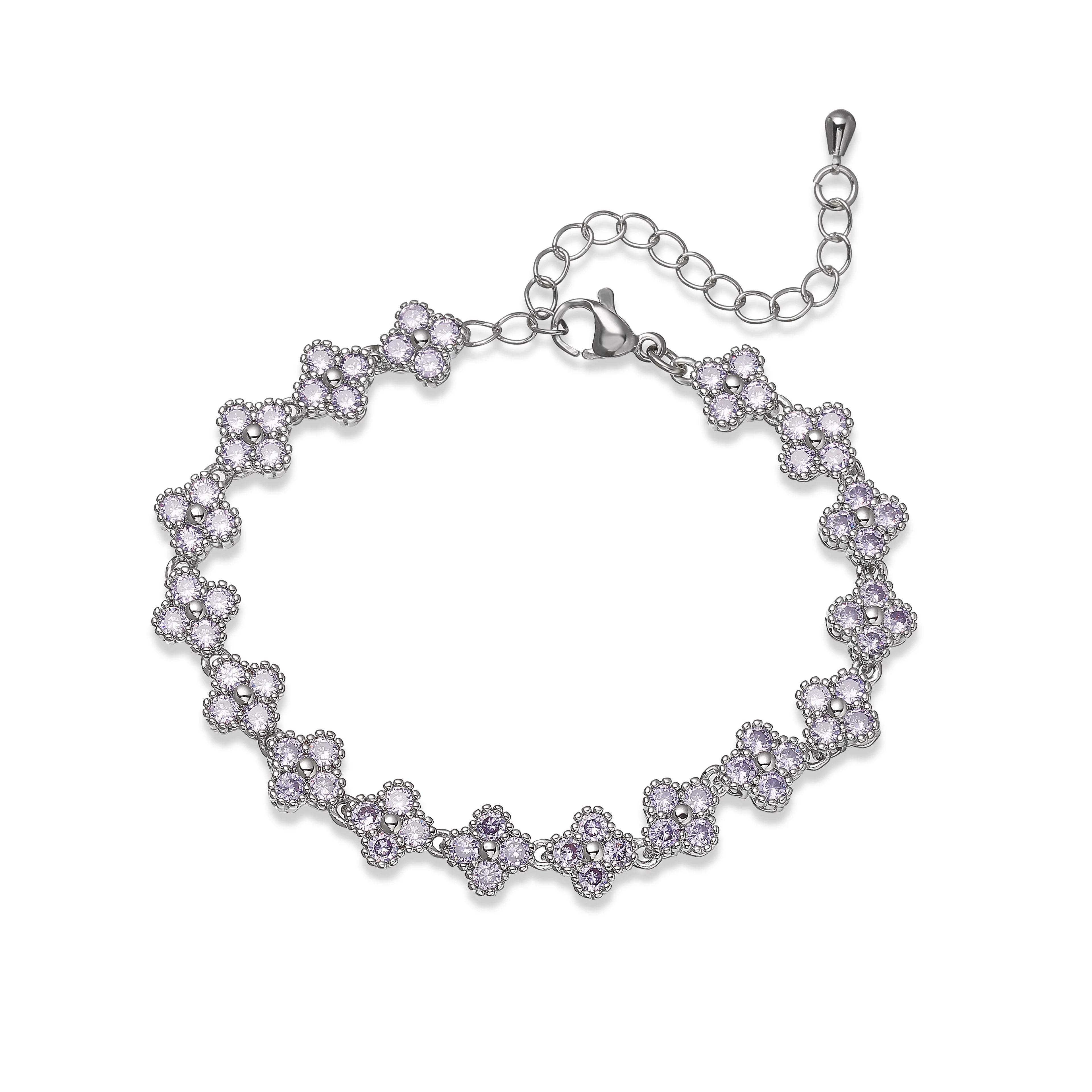 Bracelet fin Ambre & Lune, finition argenté, fleurs en strass CZ violet — bijou ajustable minimaliste pour femme
