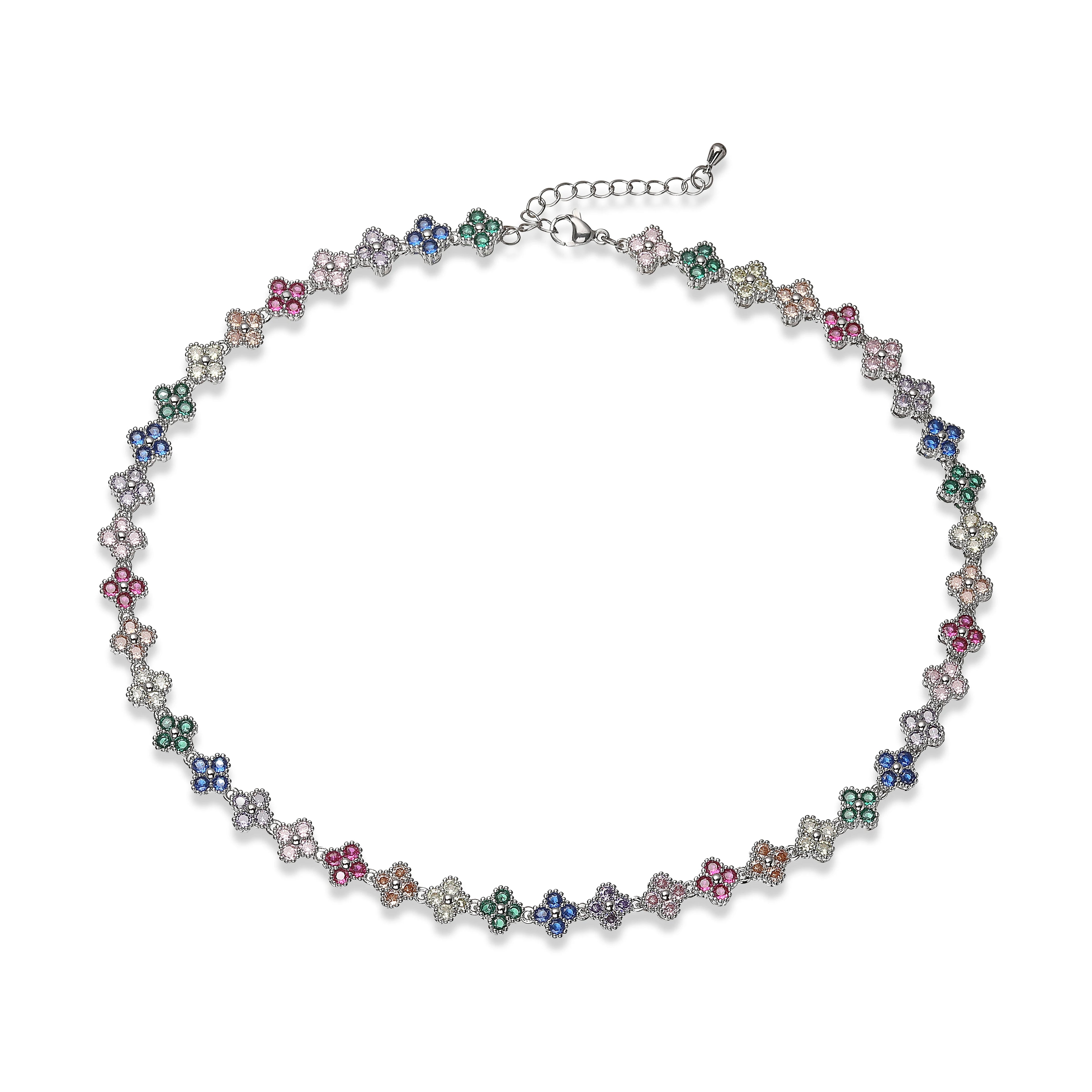 Collier fin Ambre & Lune, finition argenté, perles fleurs en strass CZ mixte — bijou ajustable minimaliste pour femme