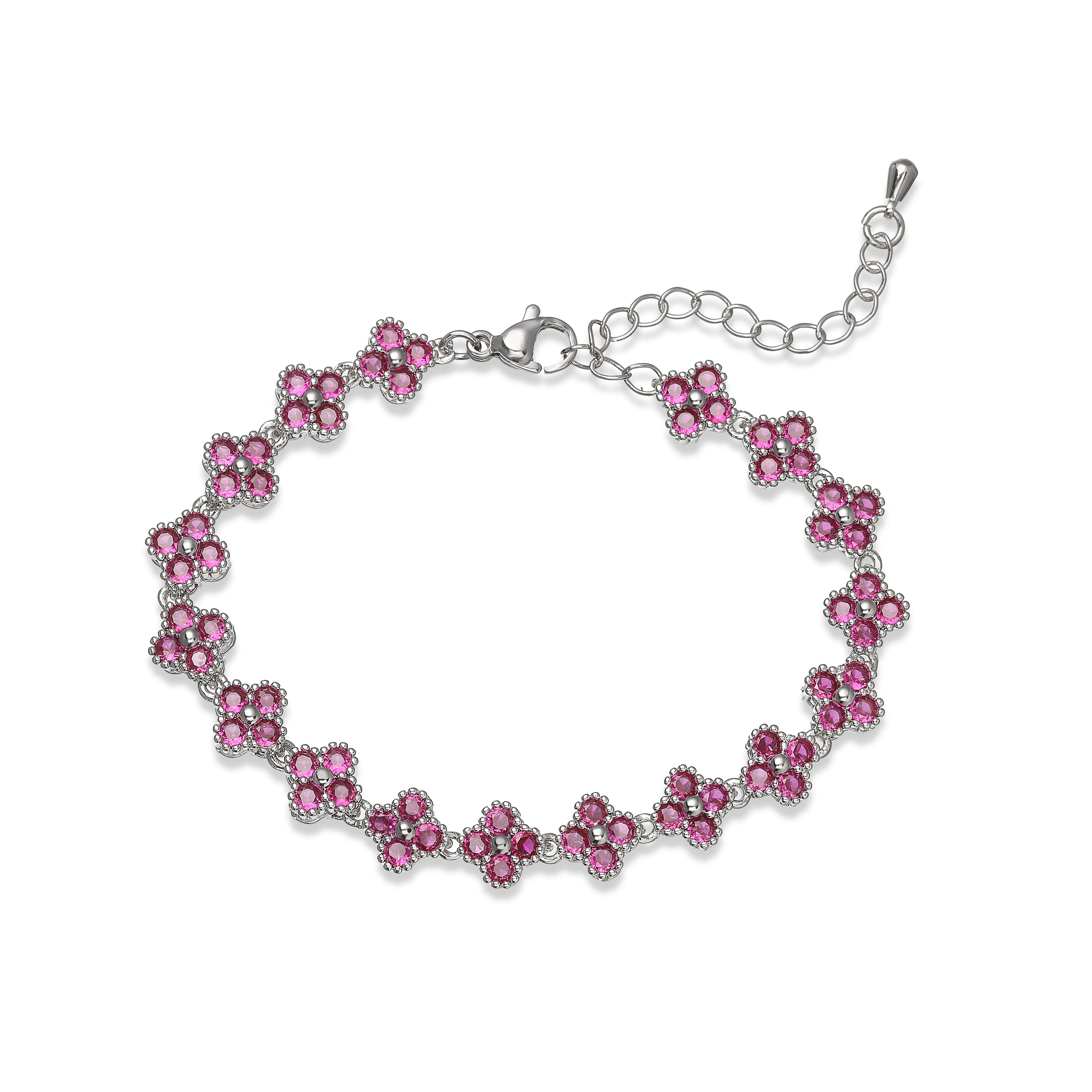 Bracelet fin Ambre & Lune, finition argenté, fleurs en strass CZ rouge rosé — bijou ajustable minimaliste pour femme