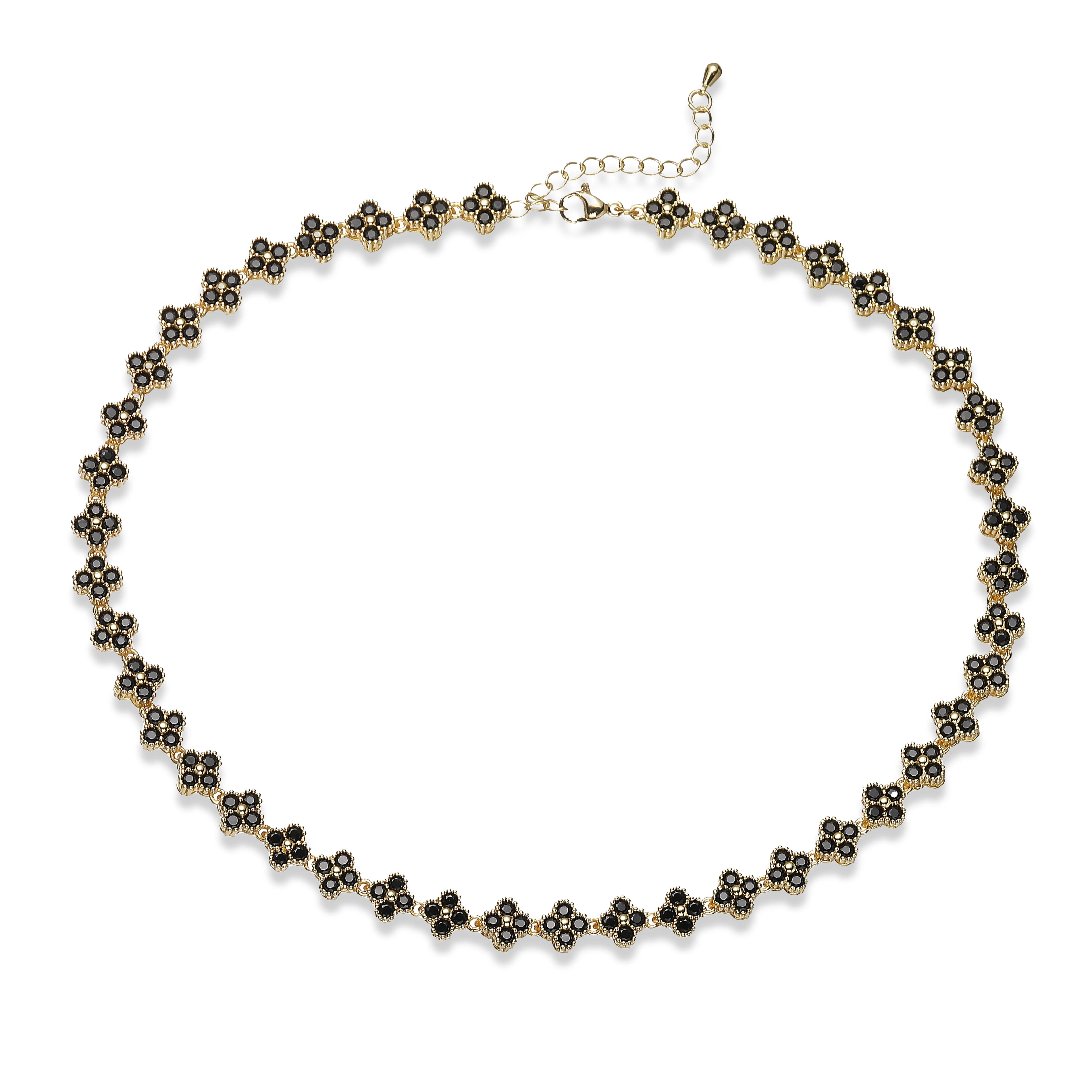 Collier fin Ambre & Lune, finition doré, perles fleurs en strass CZ noir — bijou ajustable minimaliste pour femme