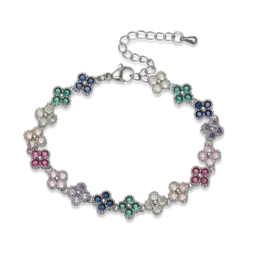 Bracelet fin Ambre & Lune en laiton, fleurs serties de strass CZ colorés, finition argentée, fermoir ajustable