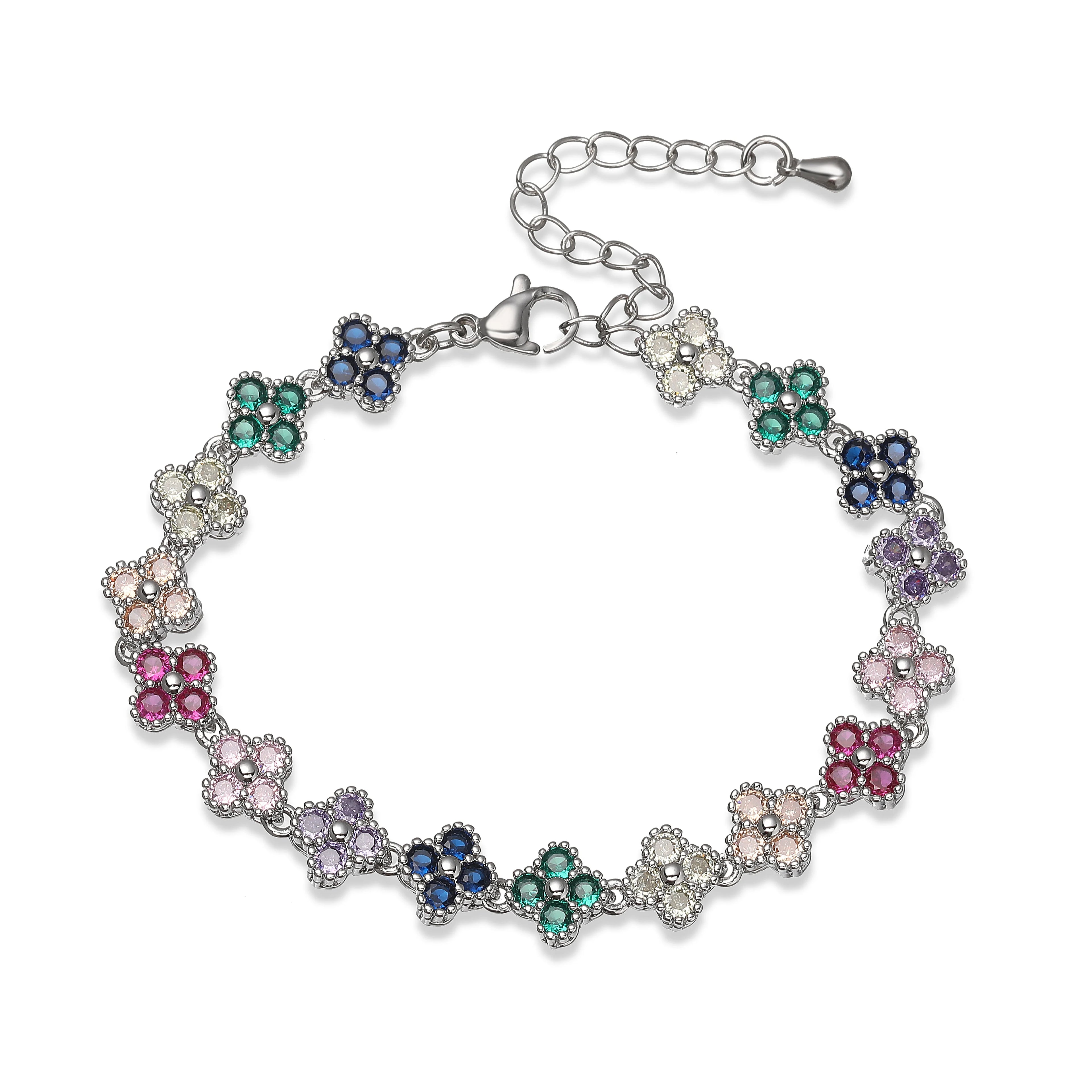 Bracelet fin Ambre & Lune en laiton, fleurs serties de strass CZ colorés, finition argentée, fermoir ajustable