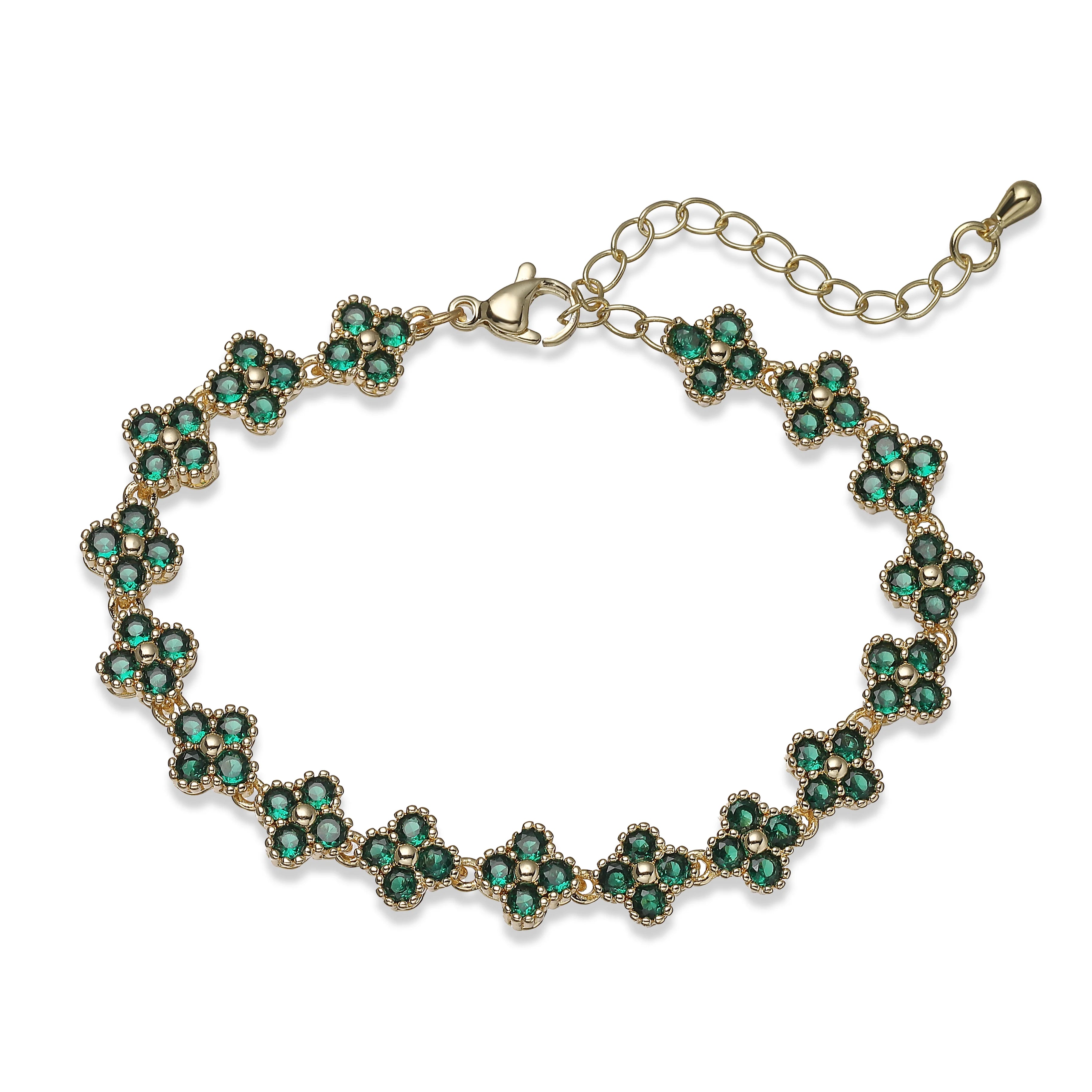 Bracelet fin Ambre & Lune, finition doré, fleurs en strass CZ vert — bijou ajustable minimaliste pour femme