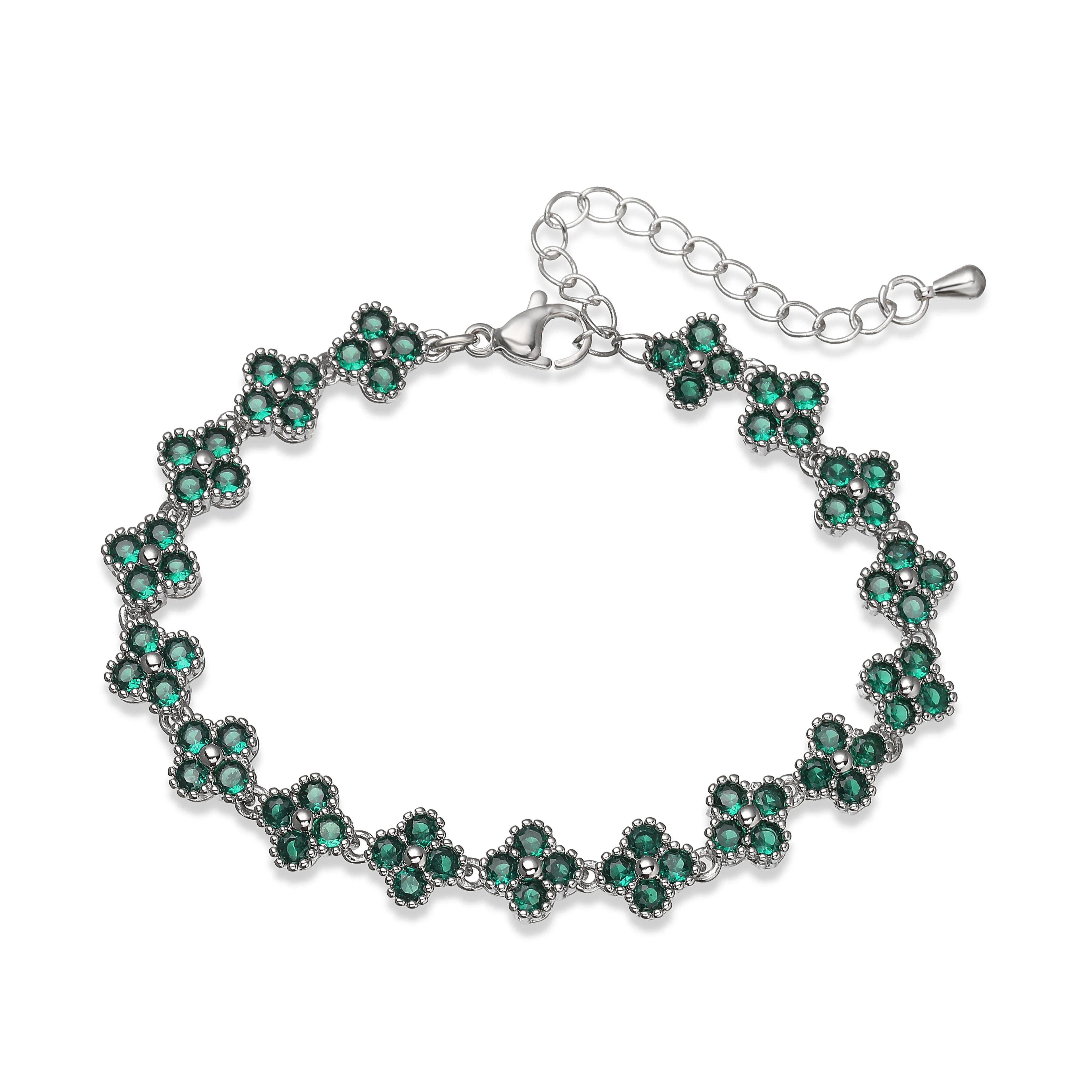 Bracelet fin Ambre & Lune, finition argenté, fleurs en strass CZ vert — bijou ajustable minimaliste pour femme