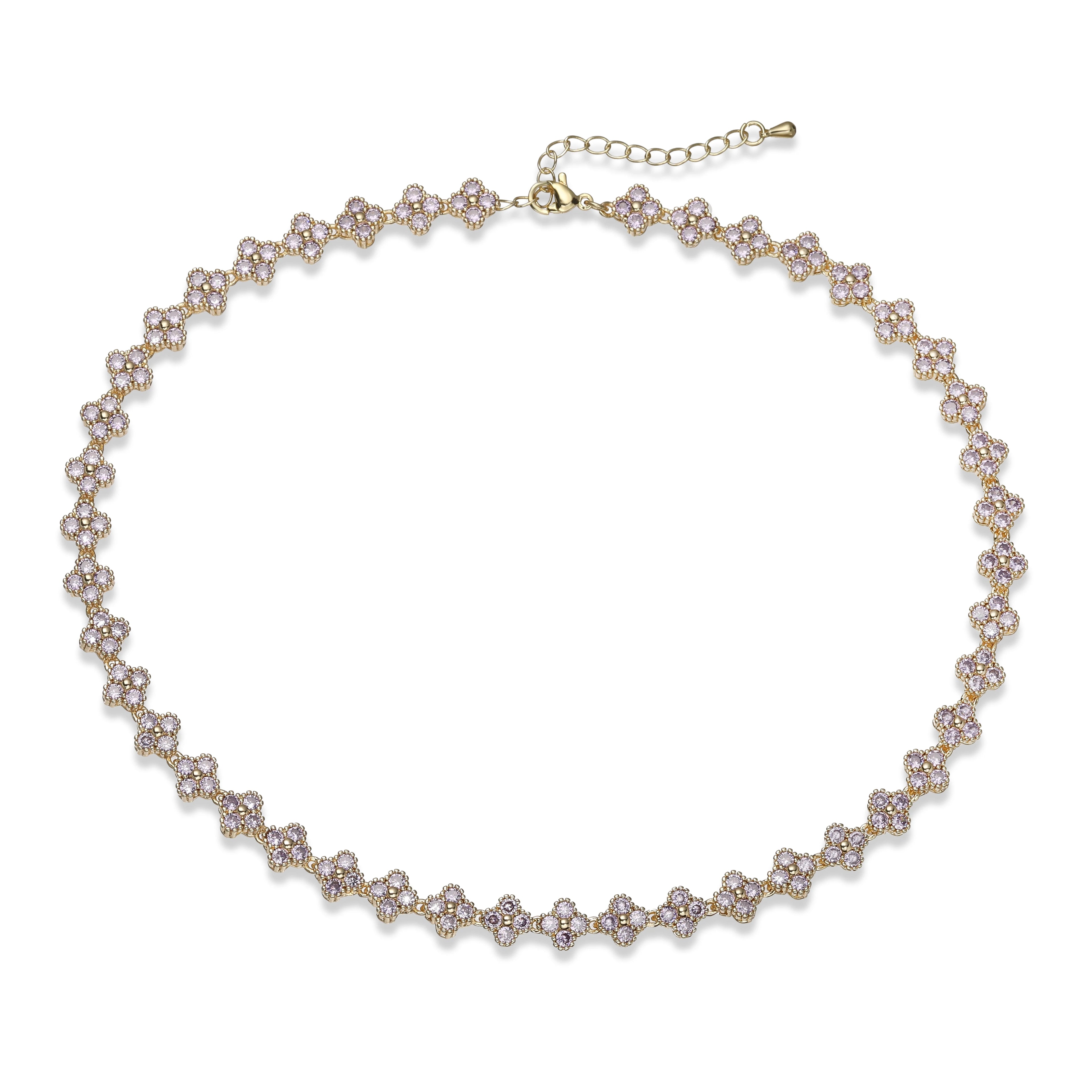 Collier fin Ambre & Lune, finition doré, perles fleurs en strass CZ violet — bijou ajustable minimaliste pour femme