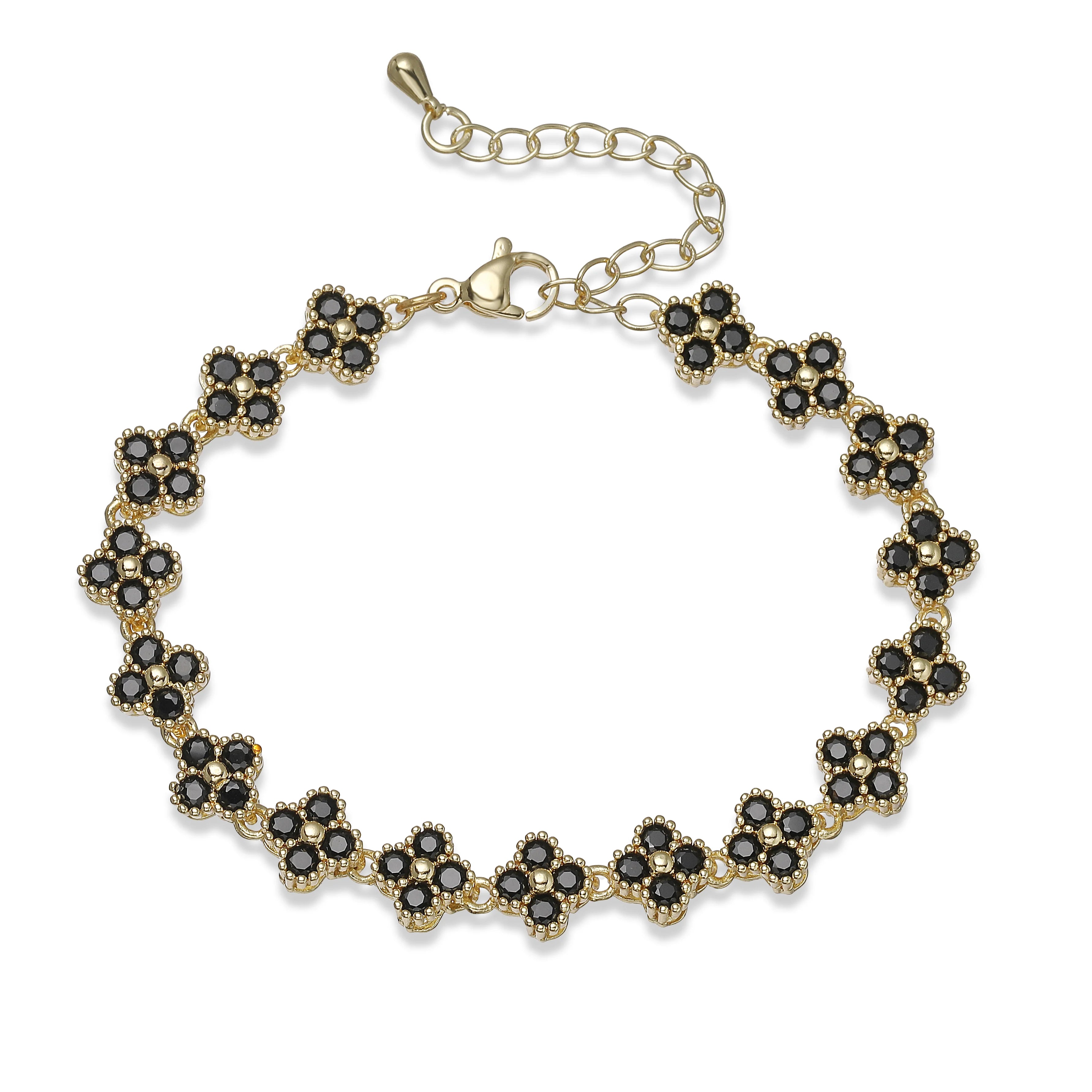 Bracelet fin Ambre & Lune, finition doré, fleurs en strass CZ noir — bijou ajustable minimaliste pour femme